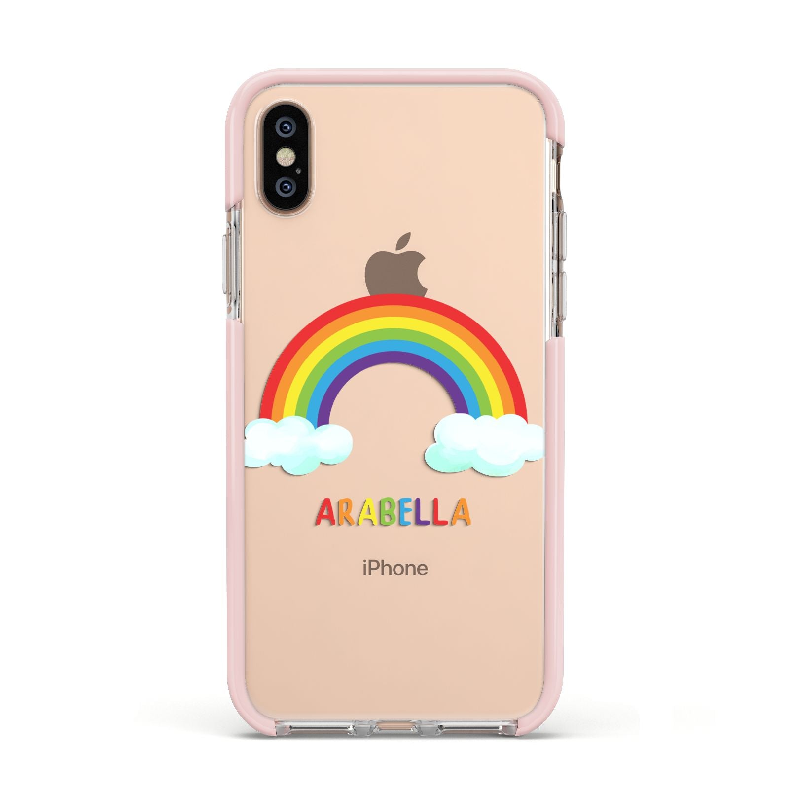 Personalised Rainbow Name Apple iPhone Xs Impact Case Pink Edge on Gold Phone