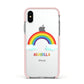 Personalised Rainbow Name Apple iPhone Xs Impact Case Pink Edge on Silver Phone