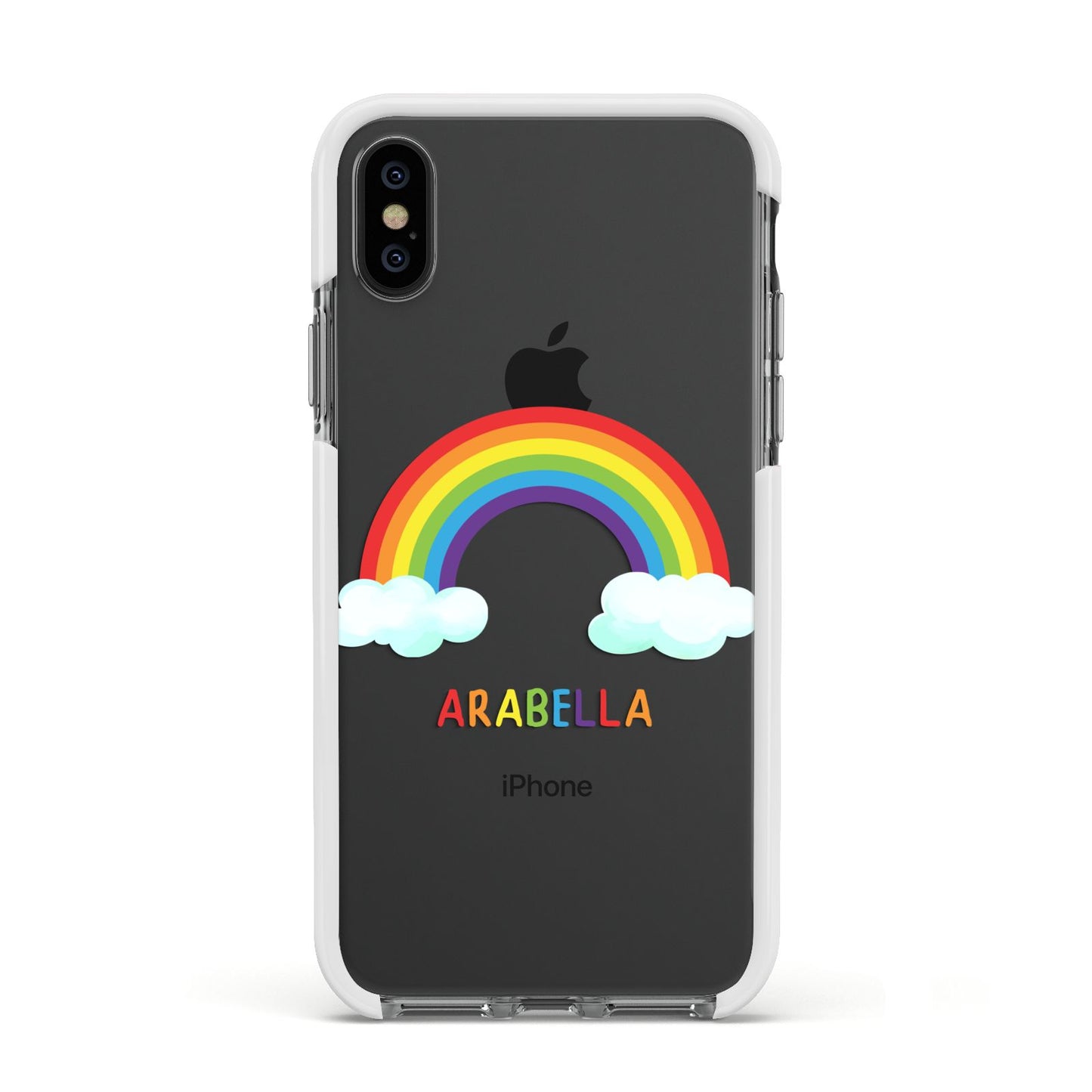Personalised Rainbow Name Apple iPhone Xs Impact Case White Edge on Black Phone