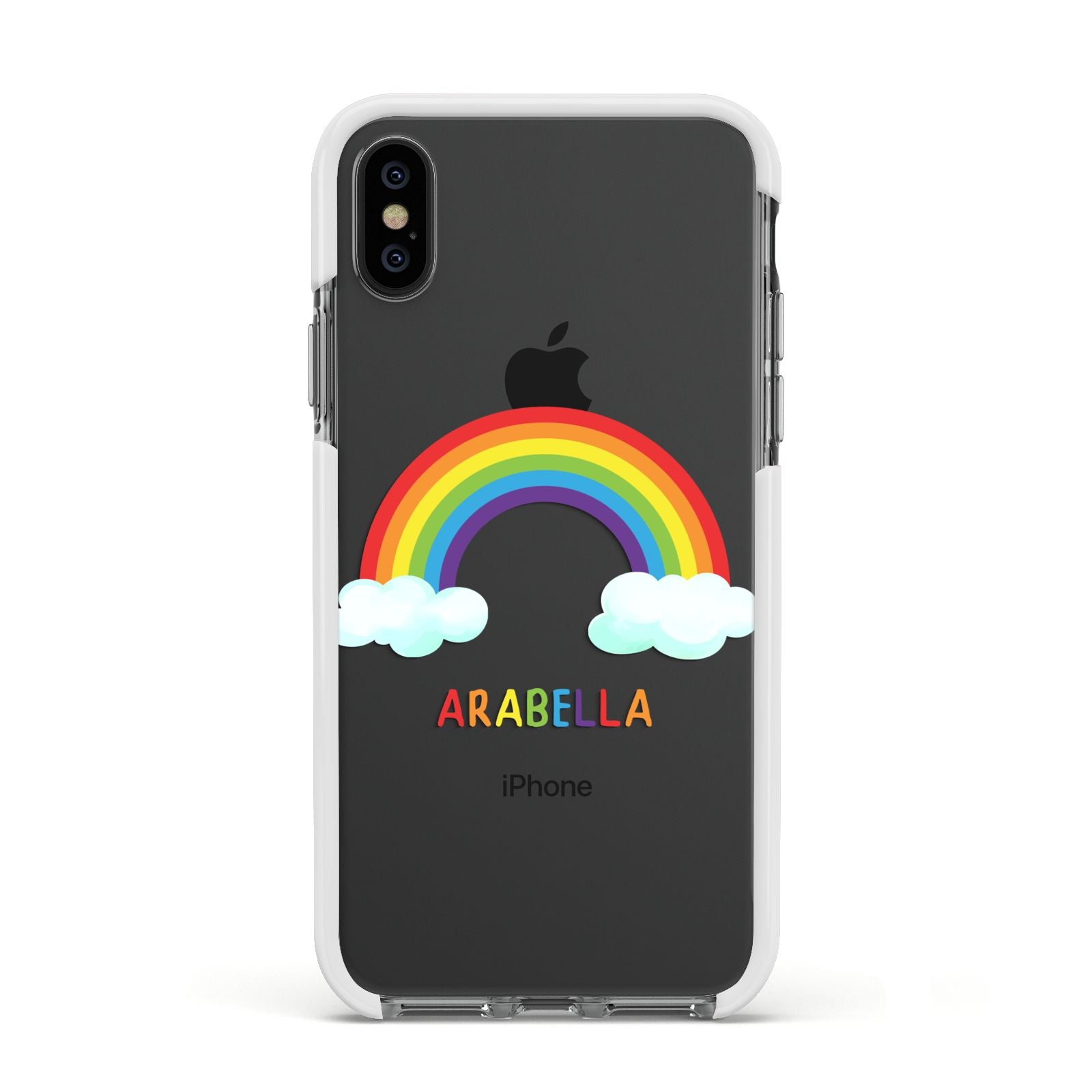 Personalised Rainbow Name Apple iPhone Xs Impact Case White Edge on Black Phone