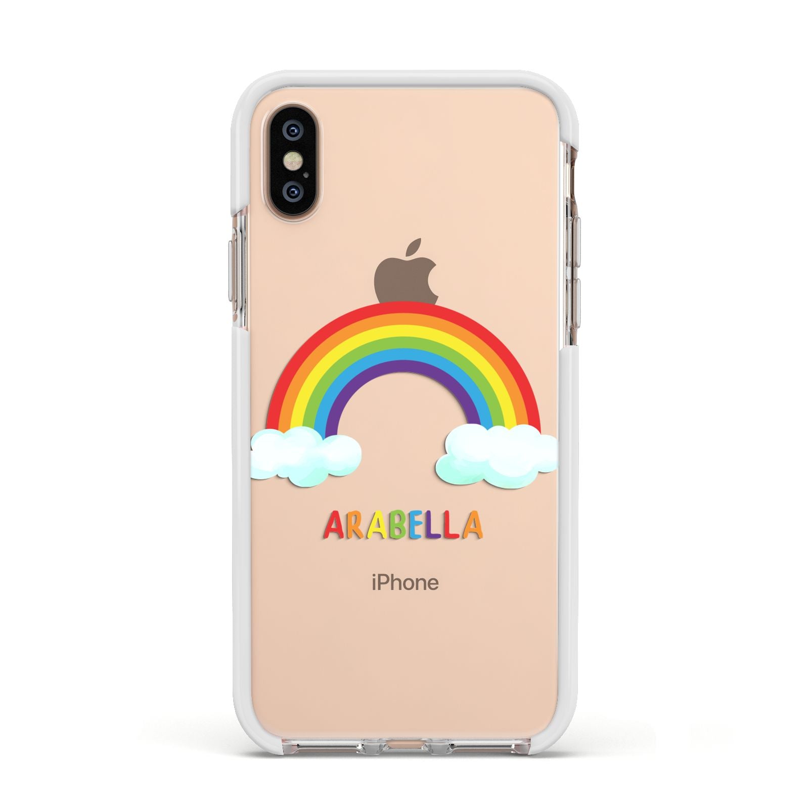 Personalised Rainbow Name Apple iPhone Xs Impact Case White Edge on Gold Phone