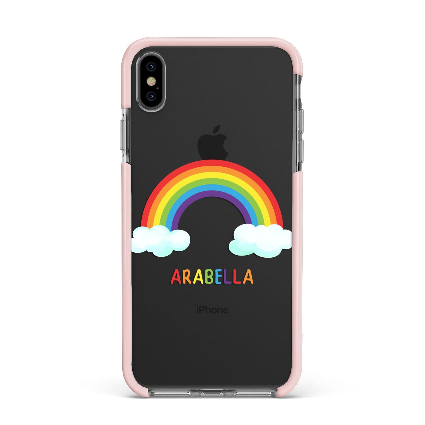 Personalised Rainbow Name Apple iPhone Xs Max Impact Case Pink Edge on Black Phone