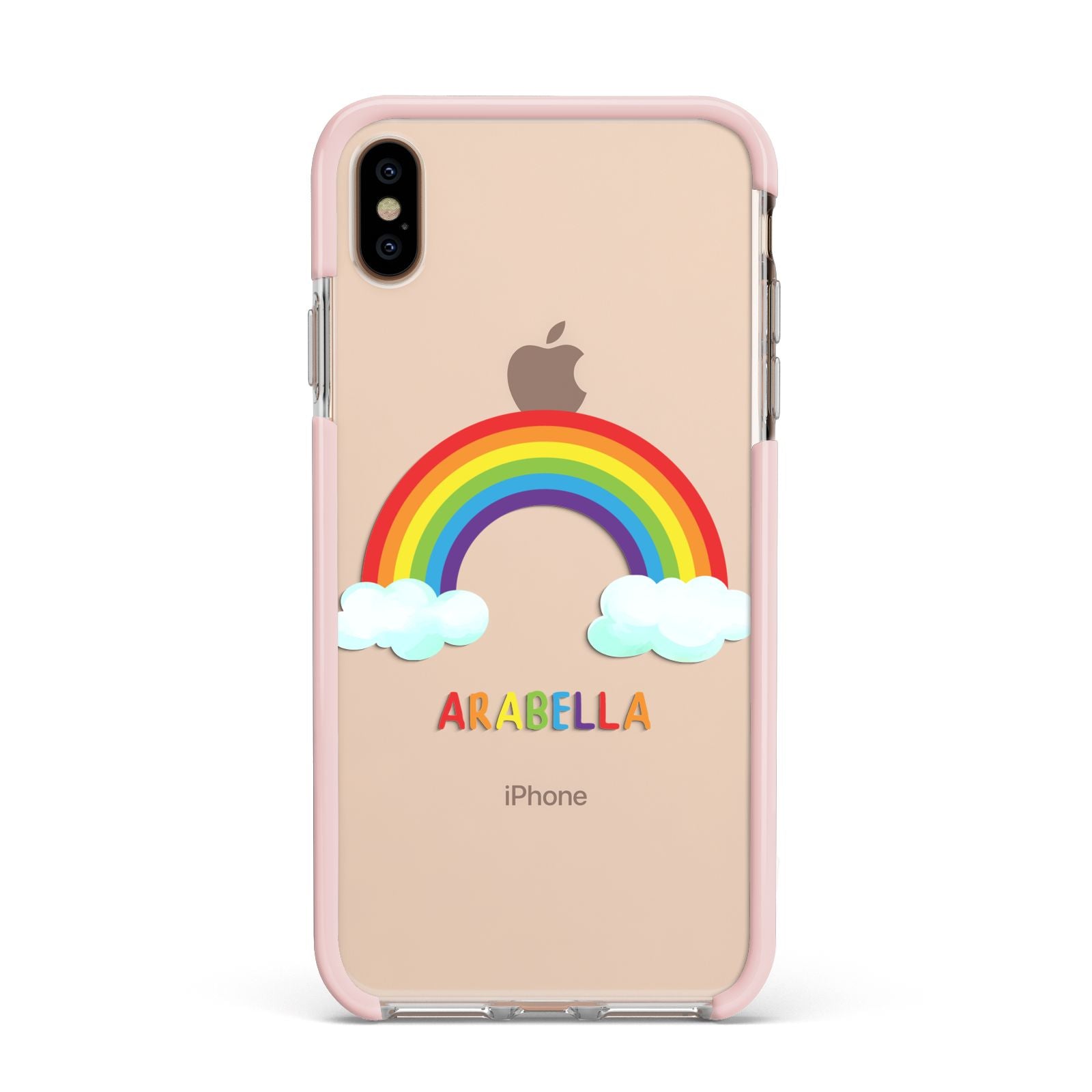 Personalised Rainbow Name Apple iPhone Xs Max Impact Case Pink Edge on Gold Phone