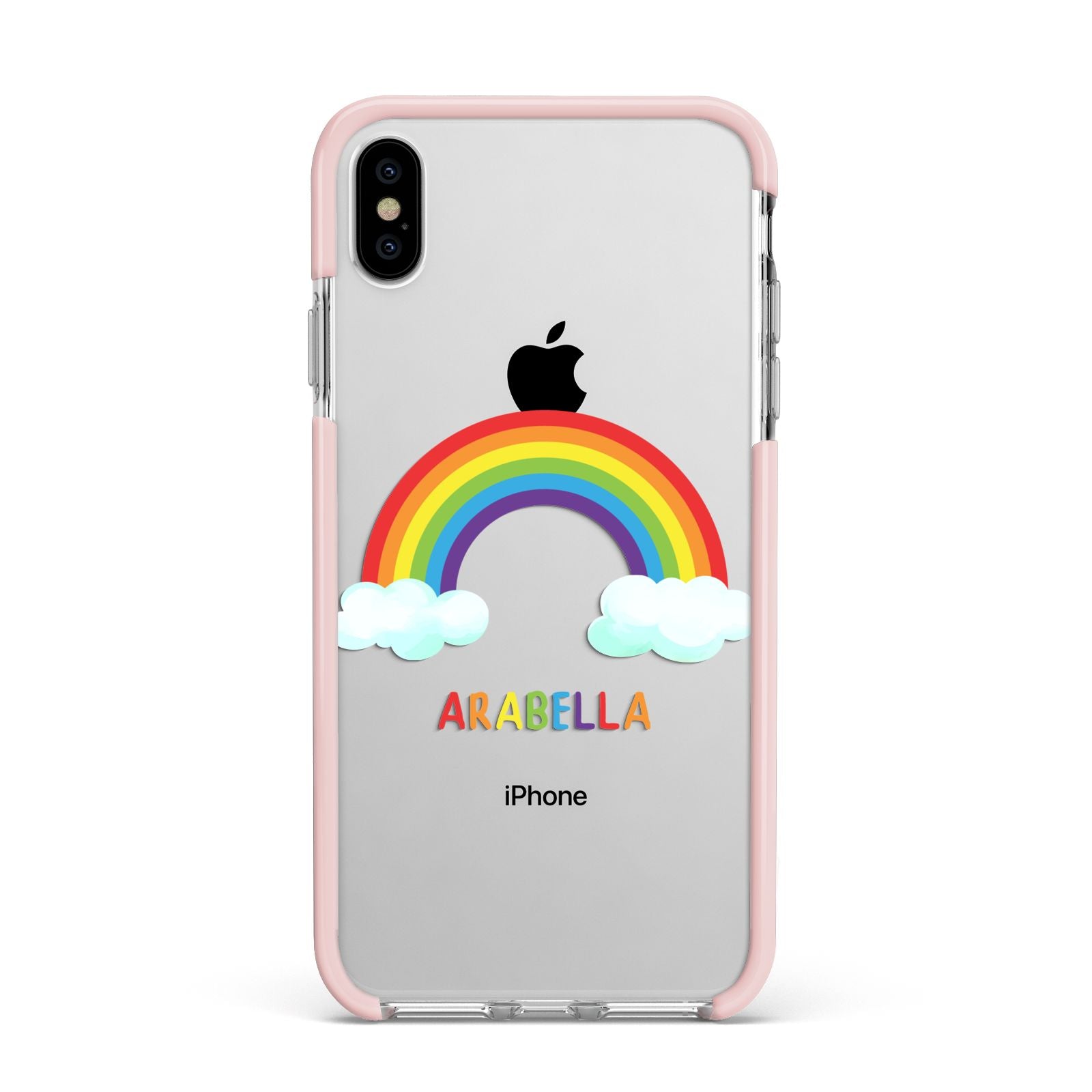 Personalised Rainbow Name Apple iPhone Xs Max Impact Case Pink Edge on Silver Phone