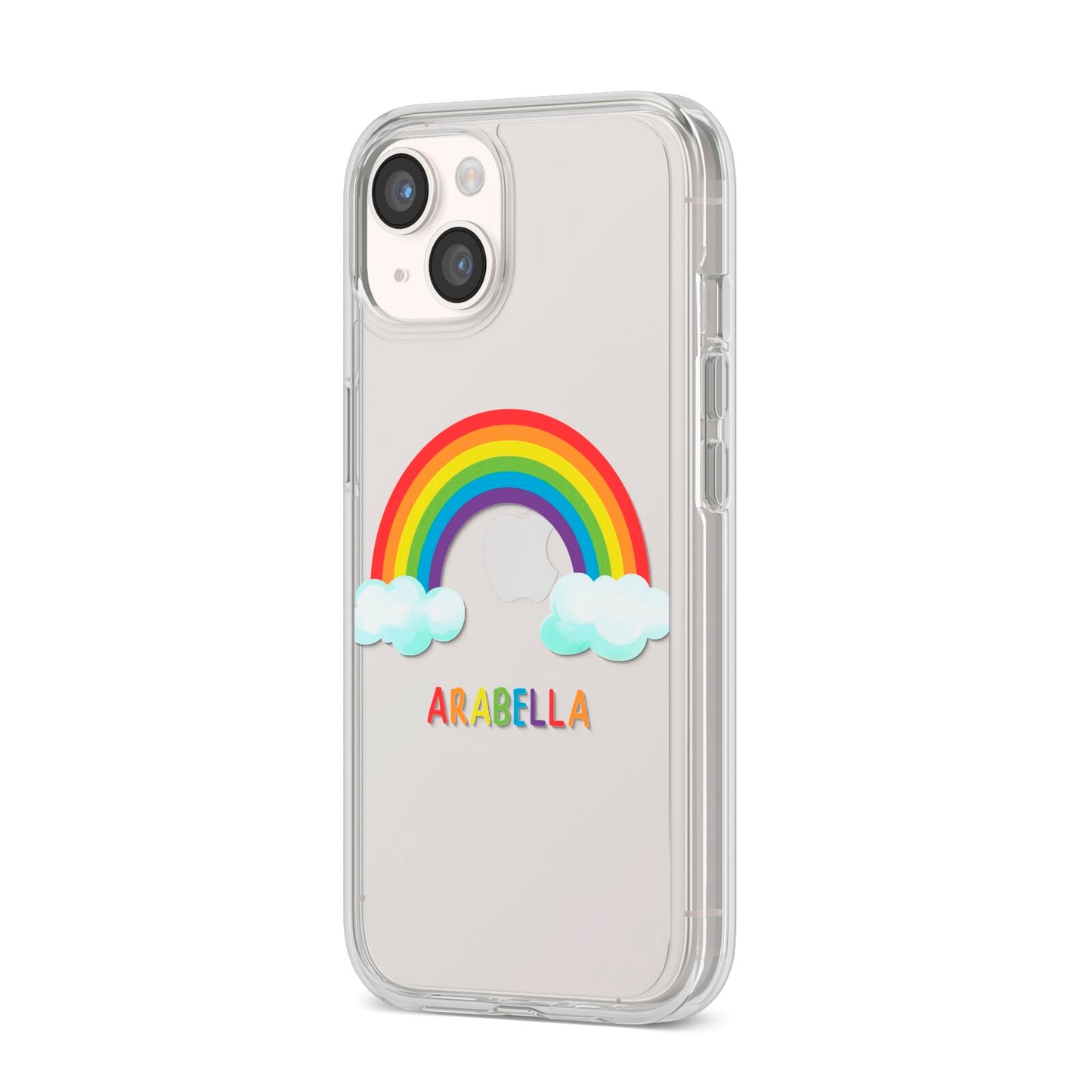Personalised Rainbow Name iPhone 14 Clear Tough Case Starlight Angled Image