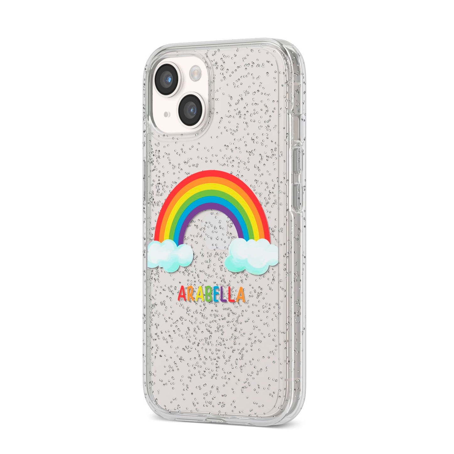 Personalised Rainbow Name iPhone 14 Glitter Tough Case Starlight Angled Image