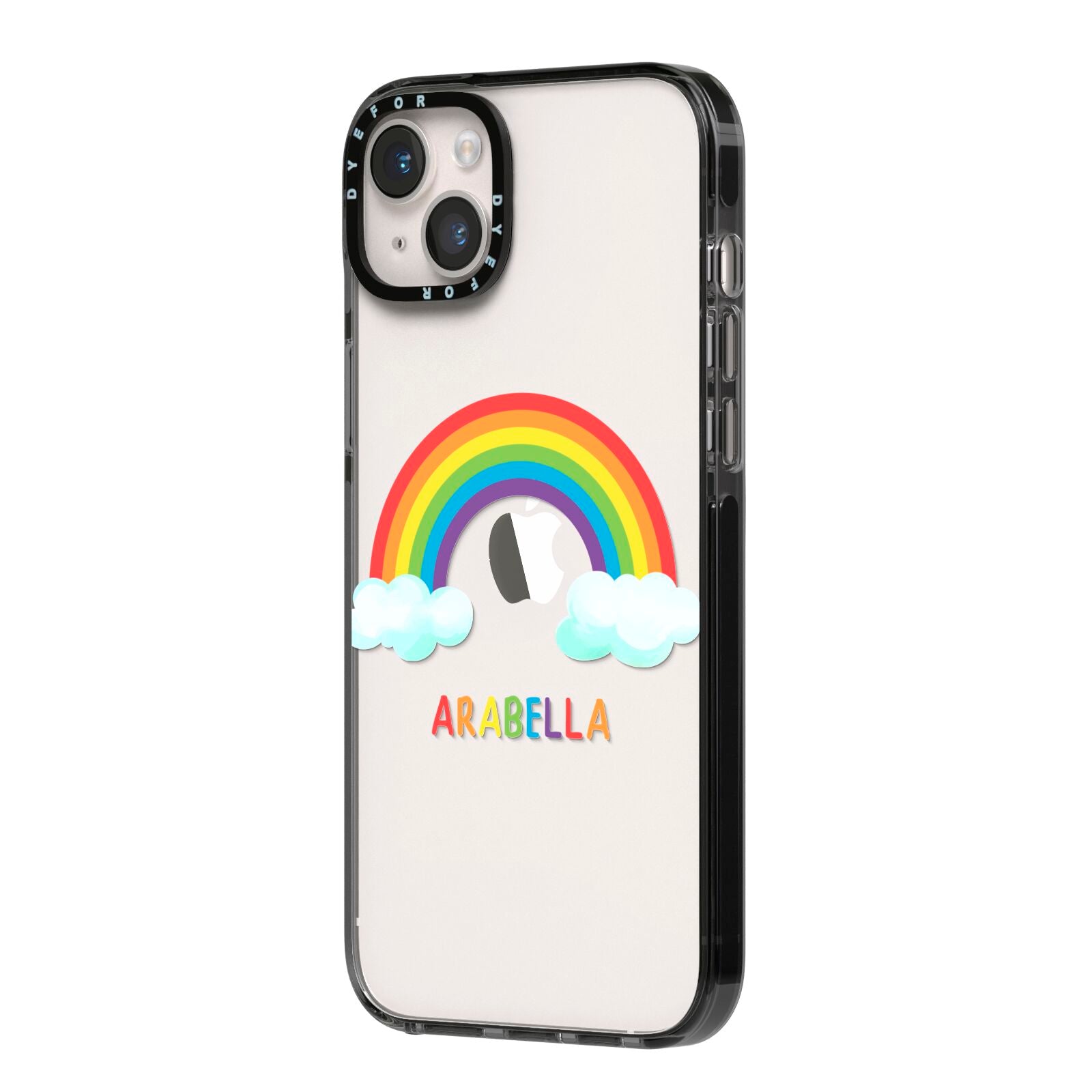 Personalised Rainbow Name iPhone 14 Plus Black Impact Case Side Angle on Silver phone