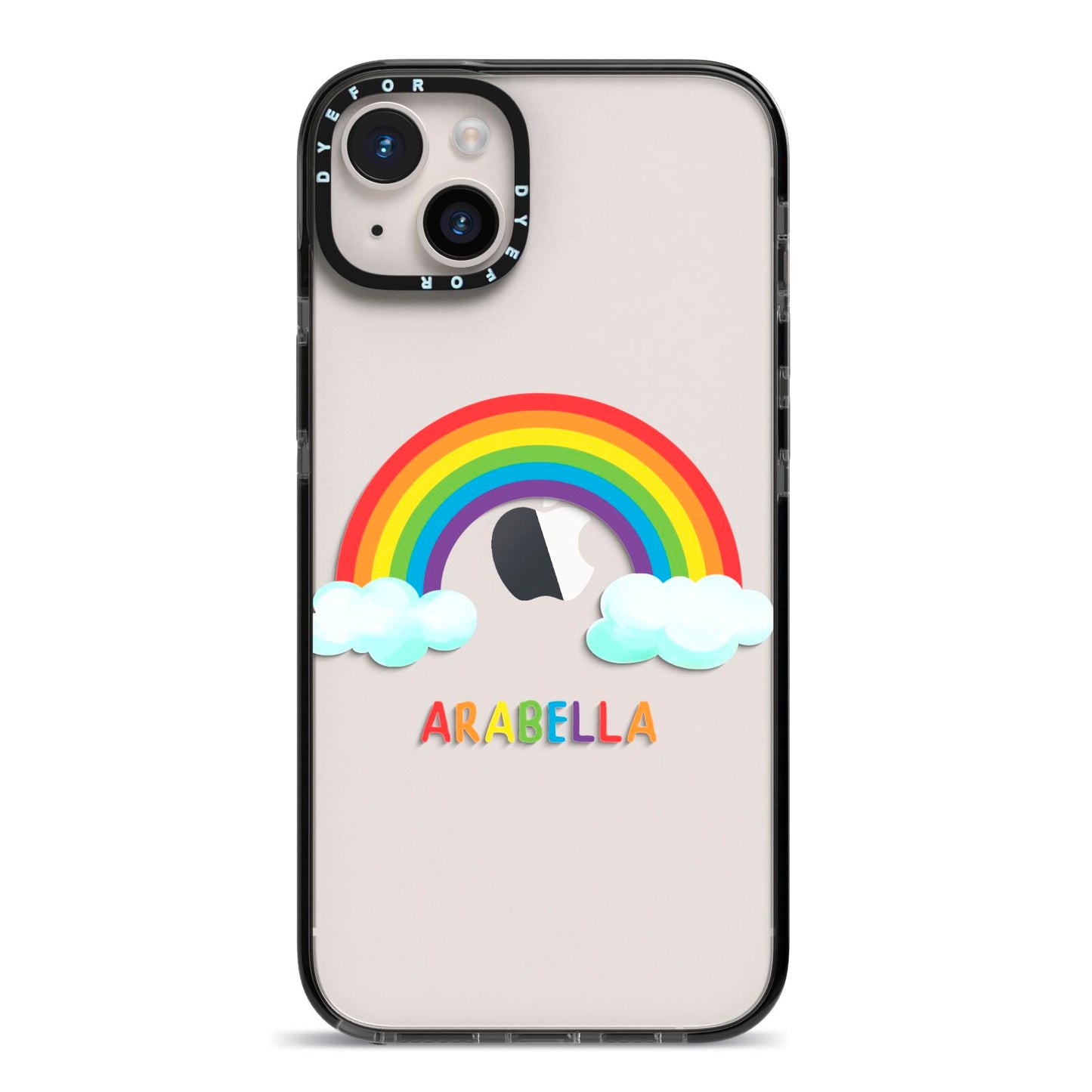 Personalised Rainbow Name iPhone 14 Plus Black Impact Case on Silver phone