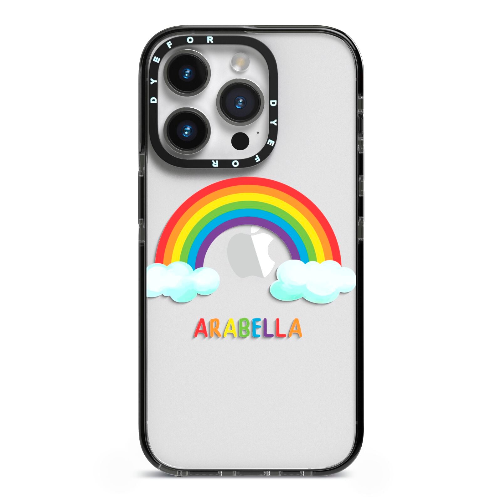 Personalised Rainbow Name iPhone 14 Pro Black Impact Case on Silver phone