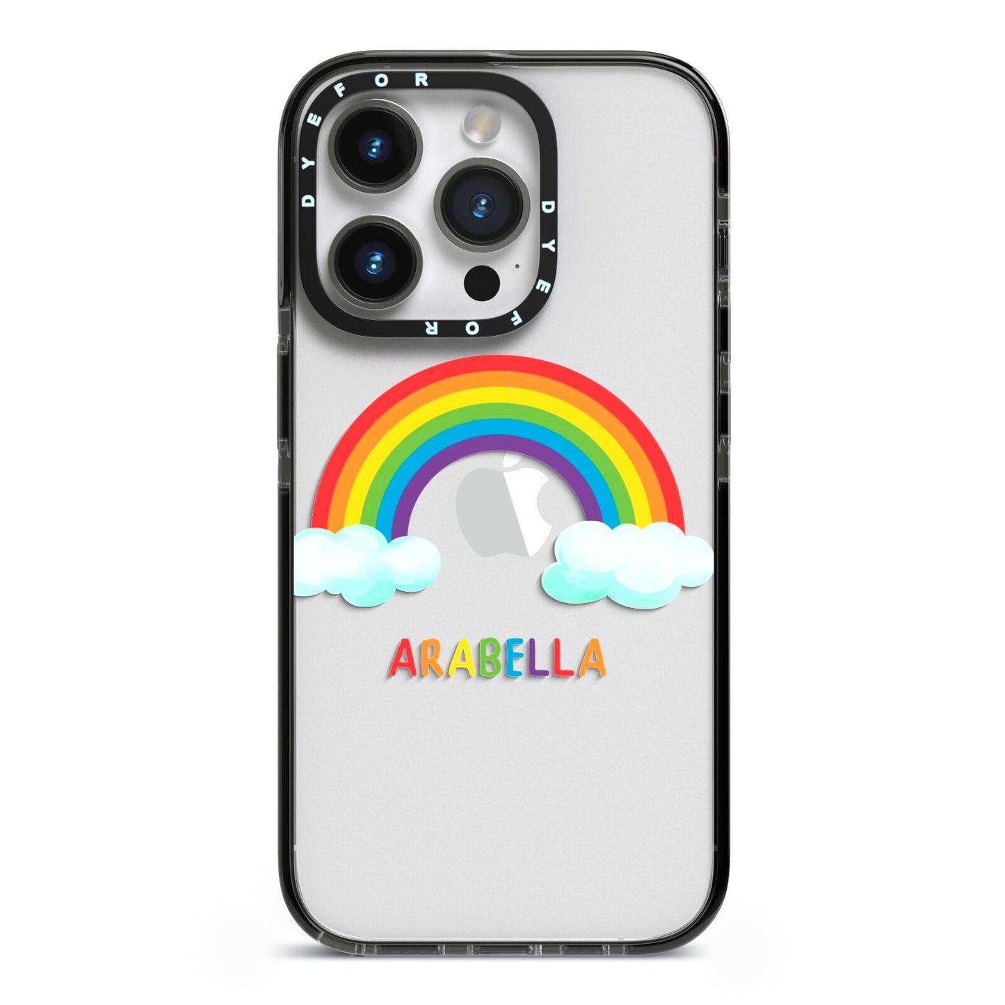 Personalised Rainbow Name iPhone 14 Pro Black Impact Case on Silver phone