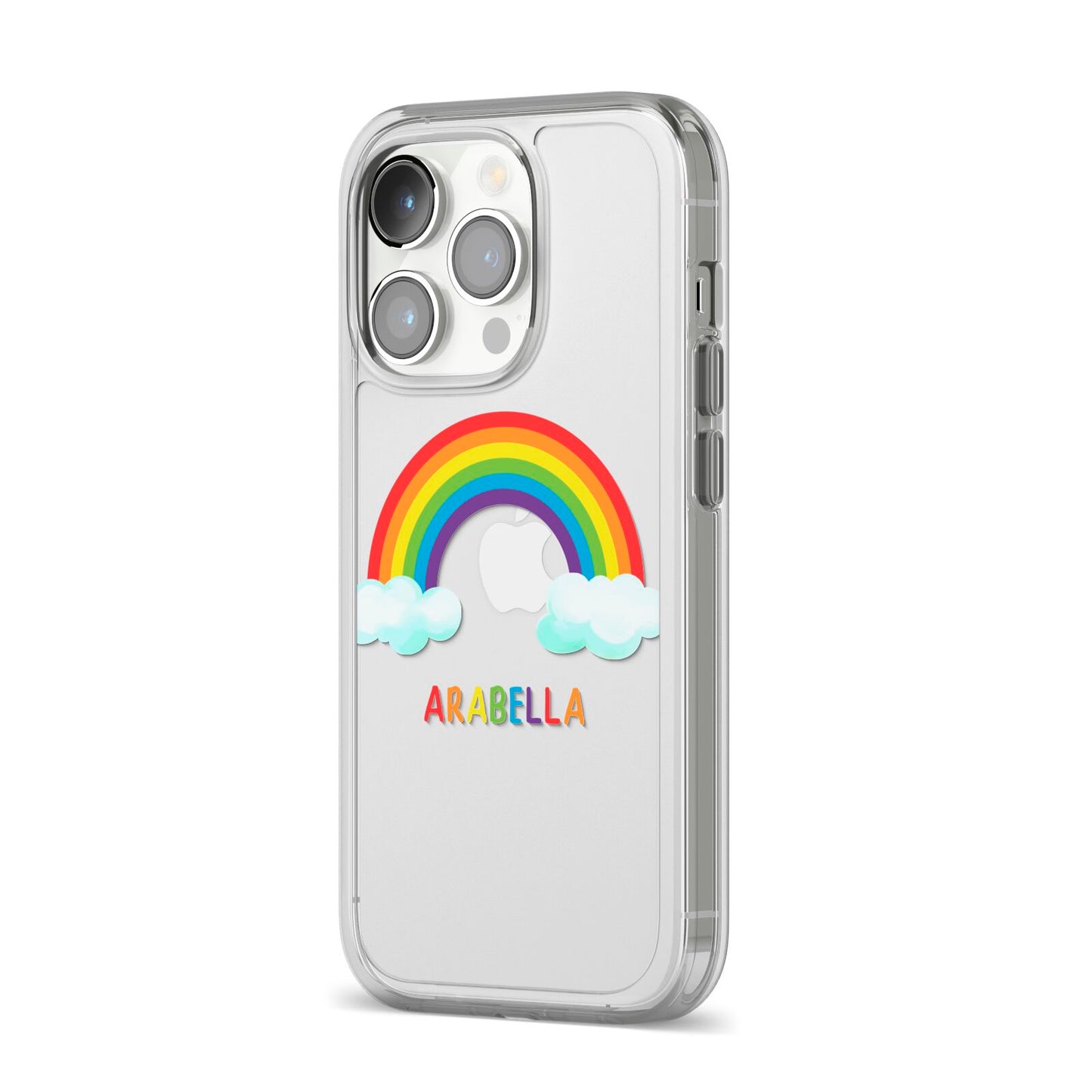Personalised Rainbow Name iPhone 14 Pro Clear Tough Case Silver Angled Image
