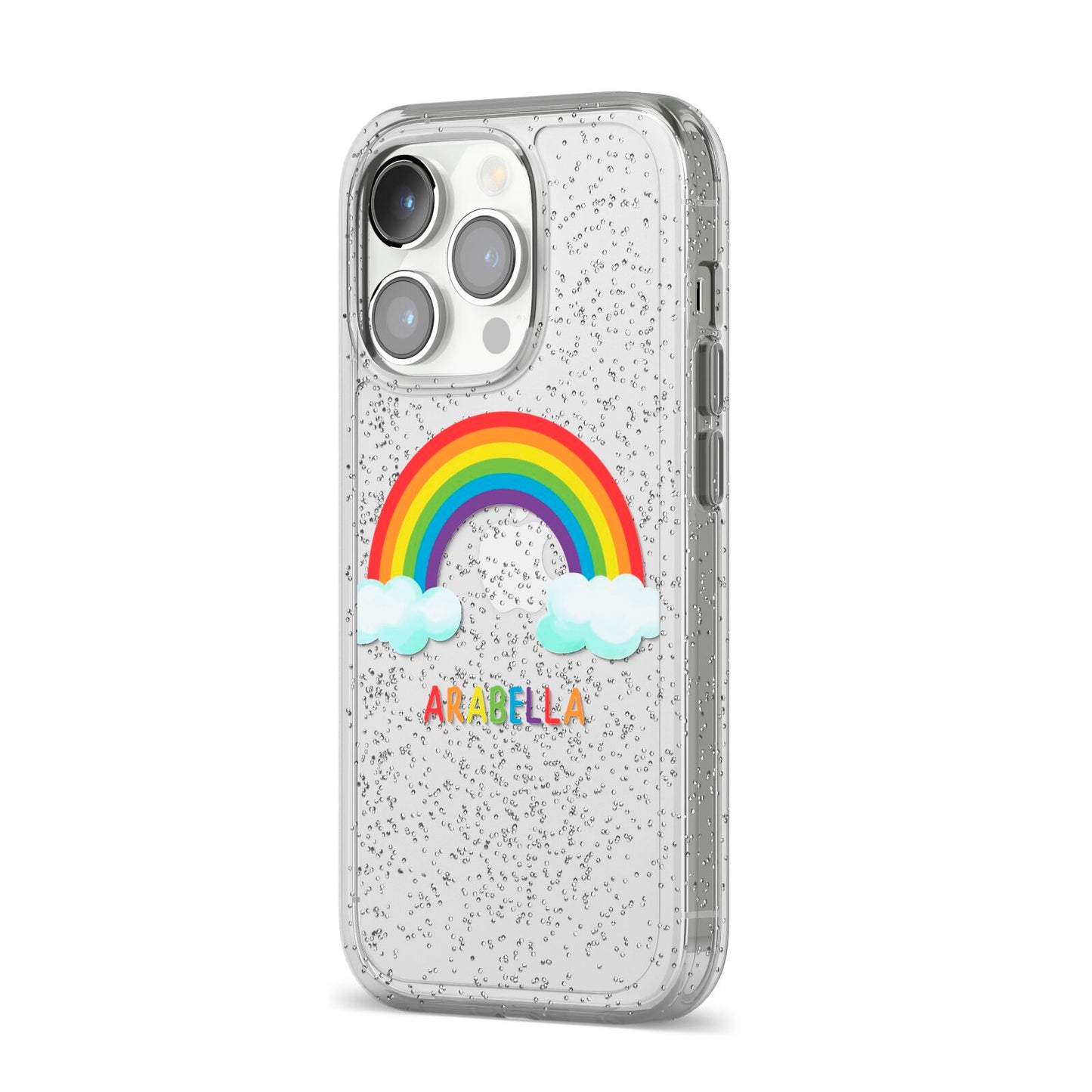 Personalised Rainbow Name iPhone 14 Pro Glitter Tough Case Silver Angled Image