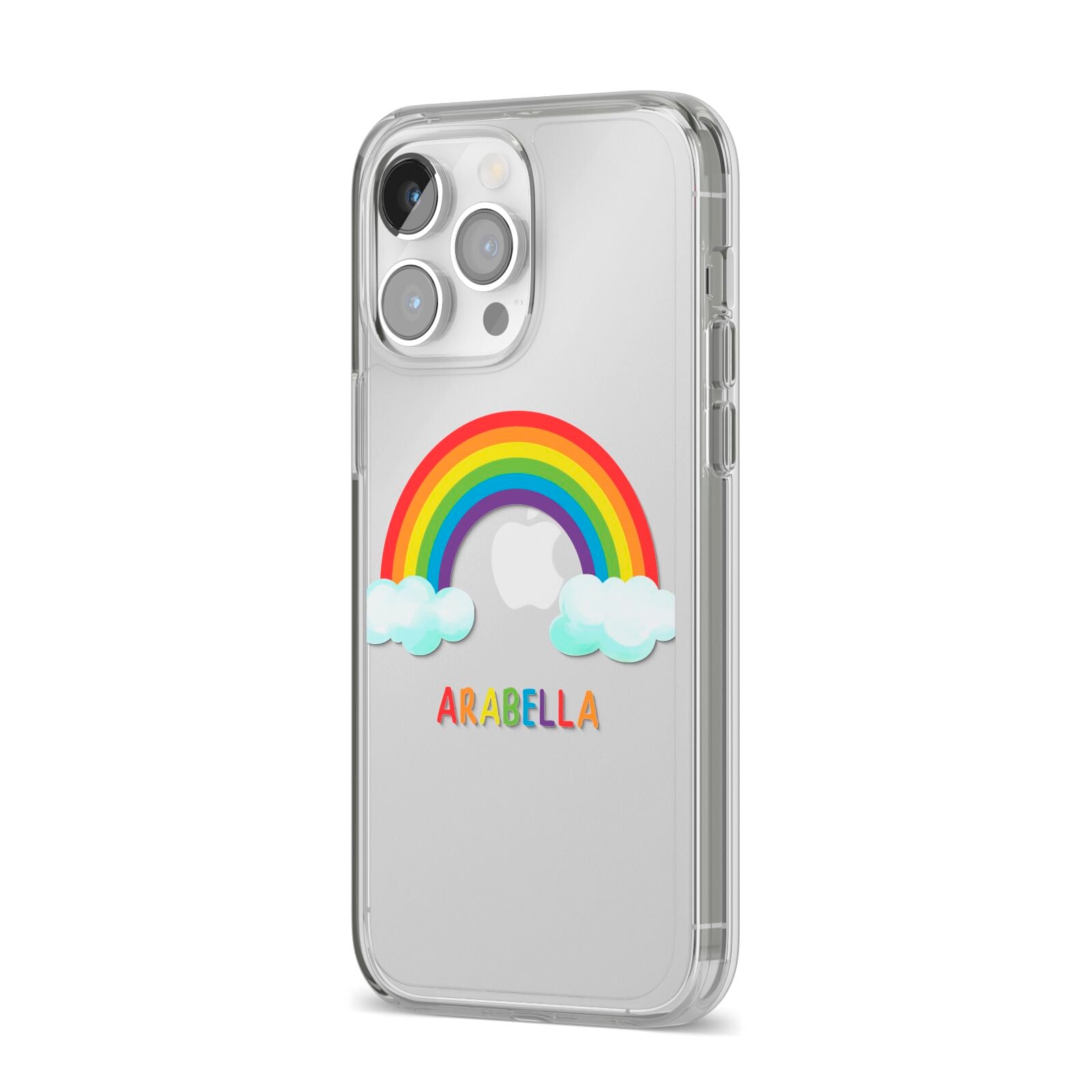 Personalised Rainbow Name iPhone 14 Pro Max Clear Tough Case Silver Angled Image