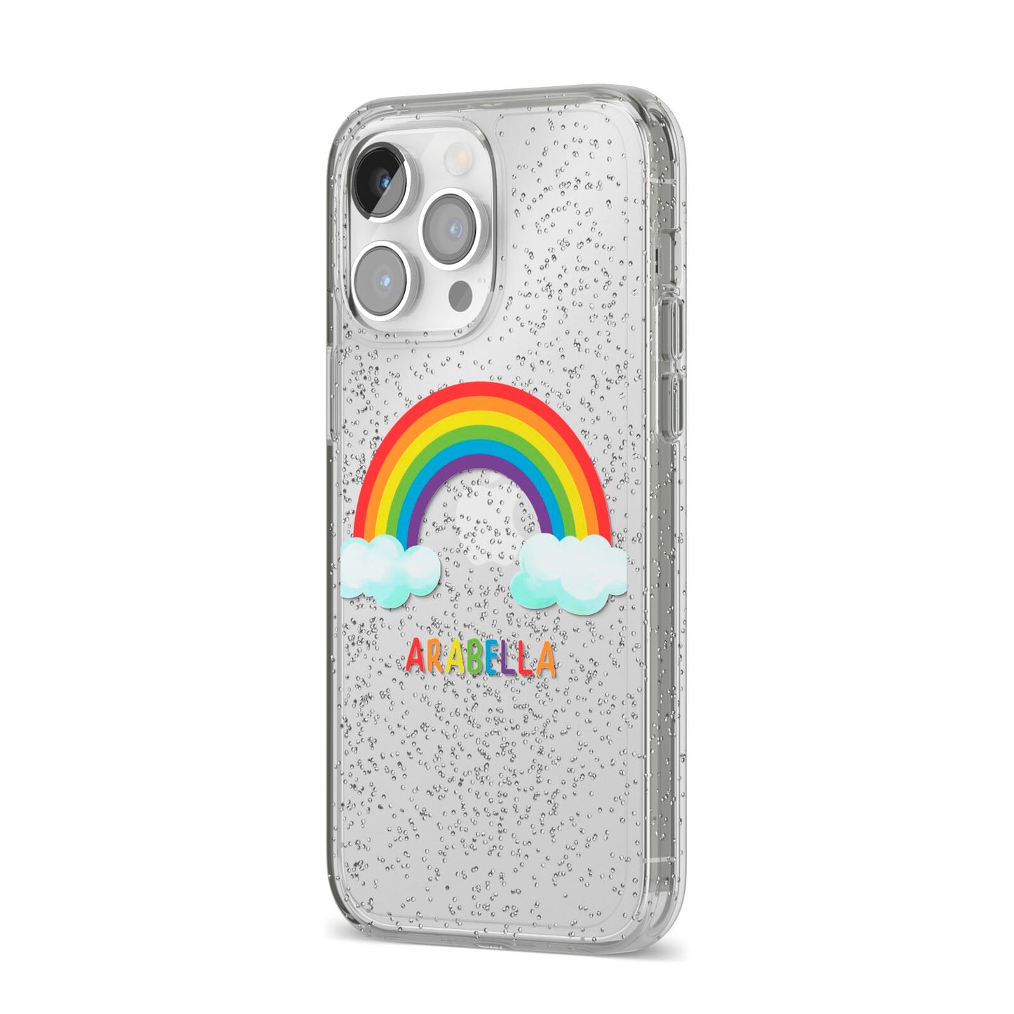 Personalised Rainbow Name iPhone 14 Pro Max Glitter Tough Case Silver Angled Image