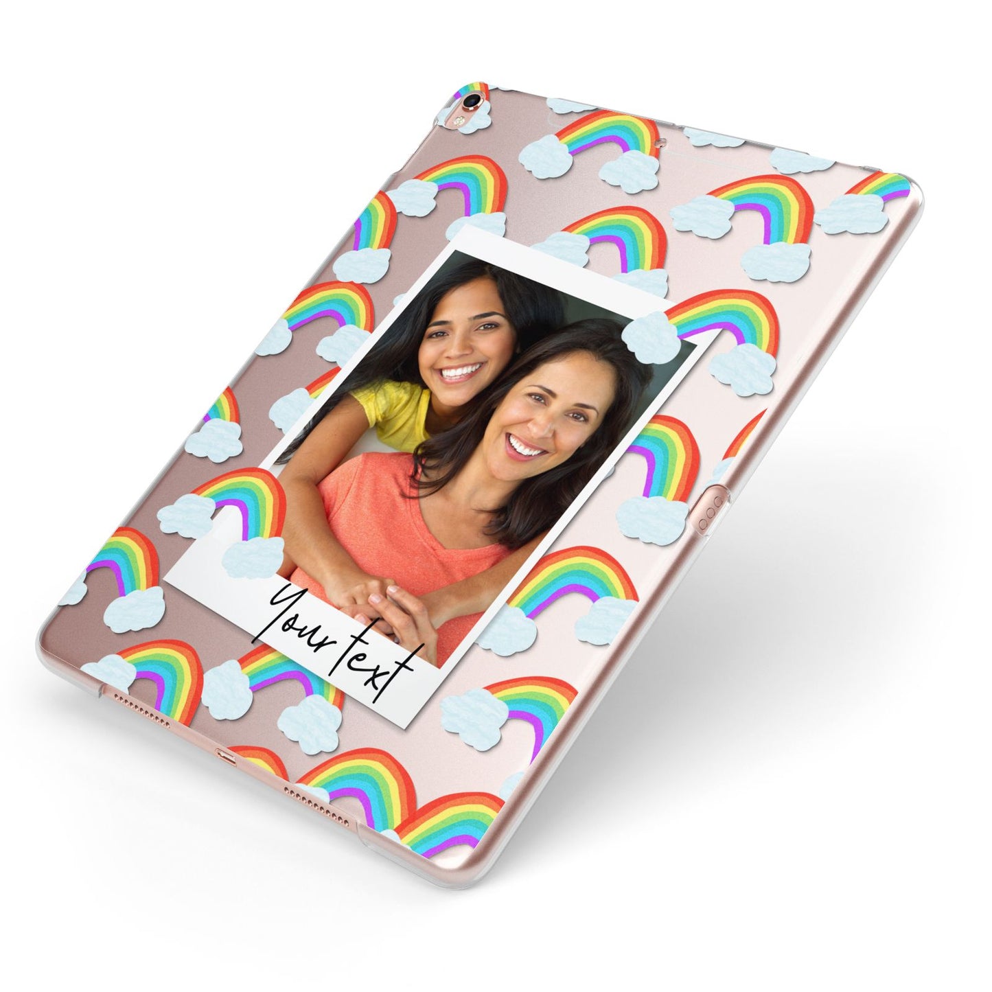 Personalised Rainbow Photo Upload Apple iPad Case on Rose Gold iPad Side View