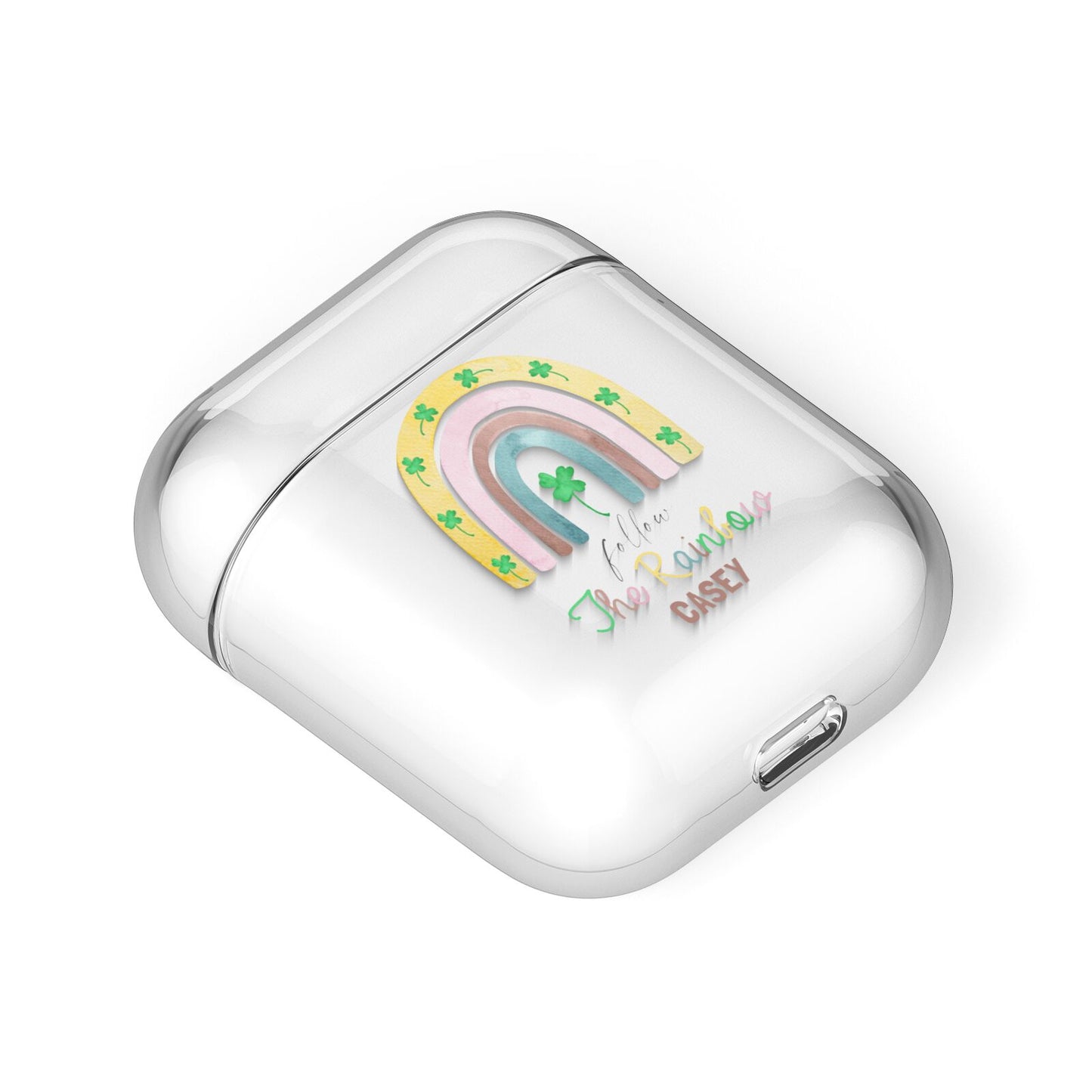 Personalised Rainbow Shamrock AirPods Case Laid Flat