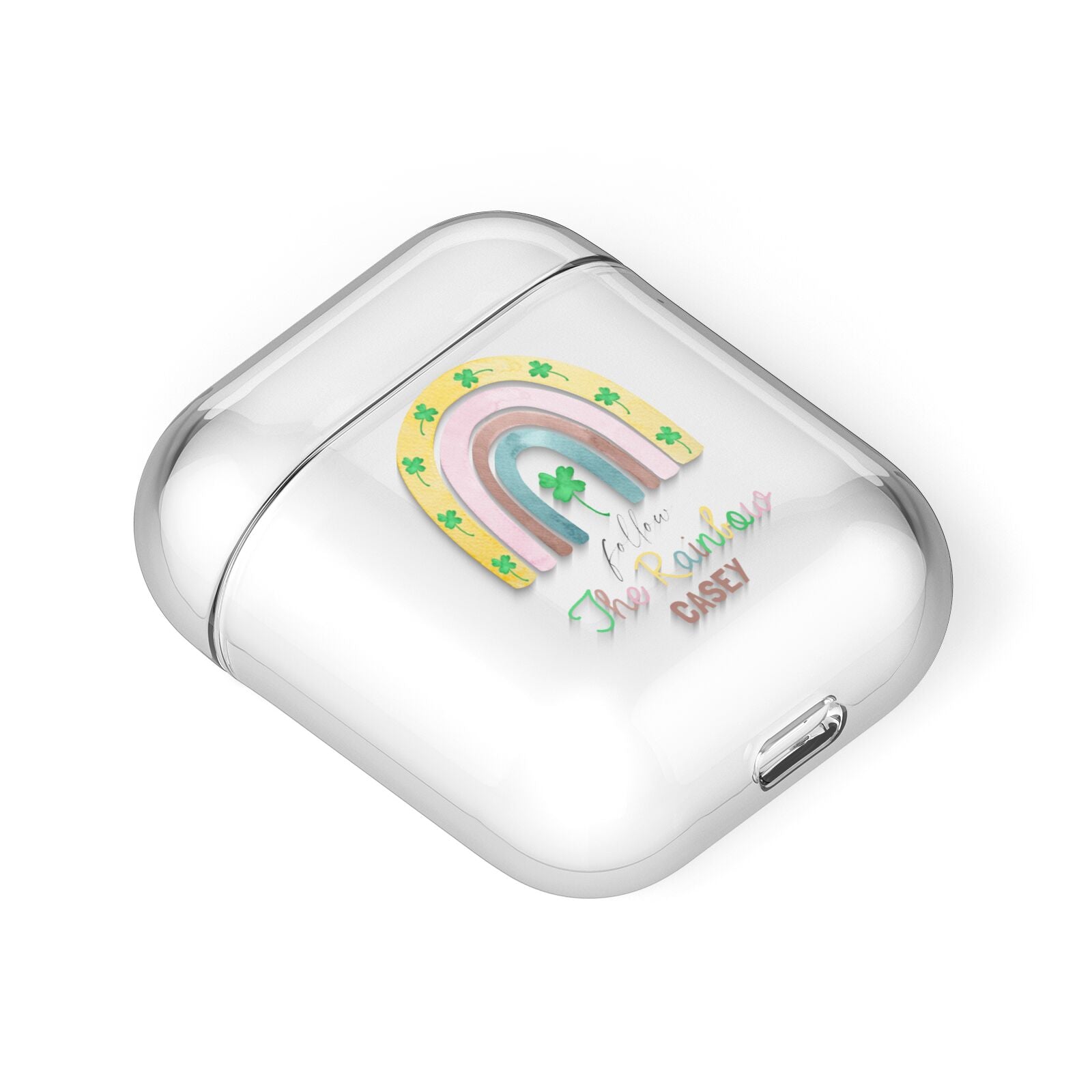 Personalised Rainbow Shamrock AirPods Case Laid Flat