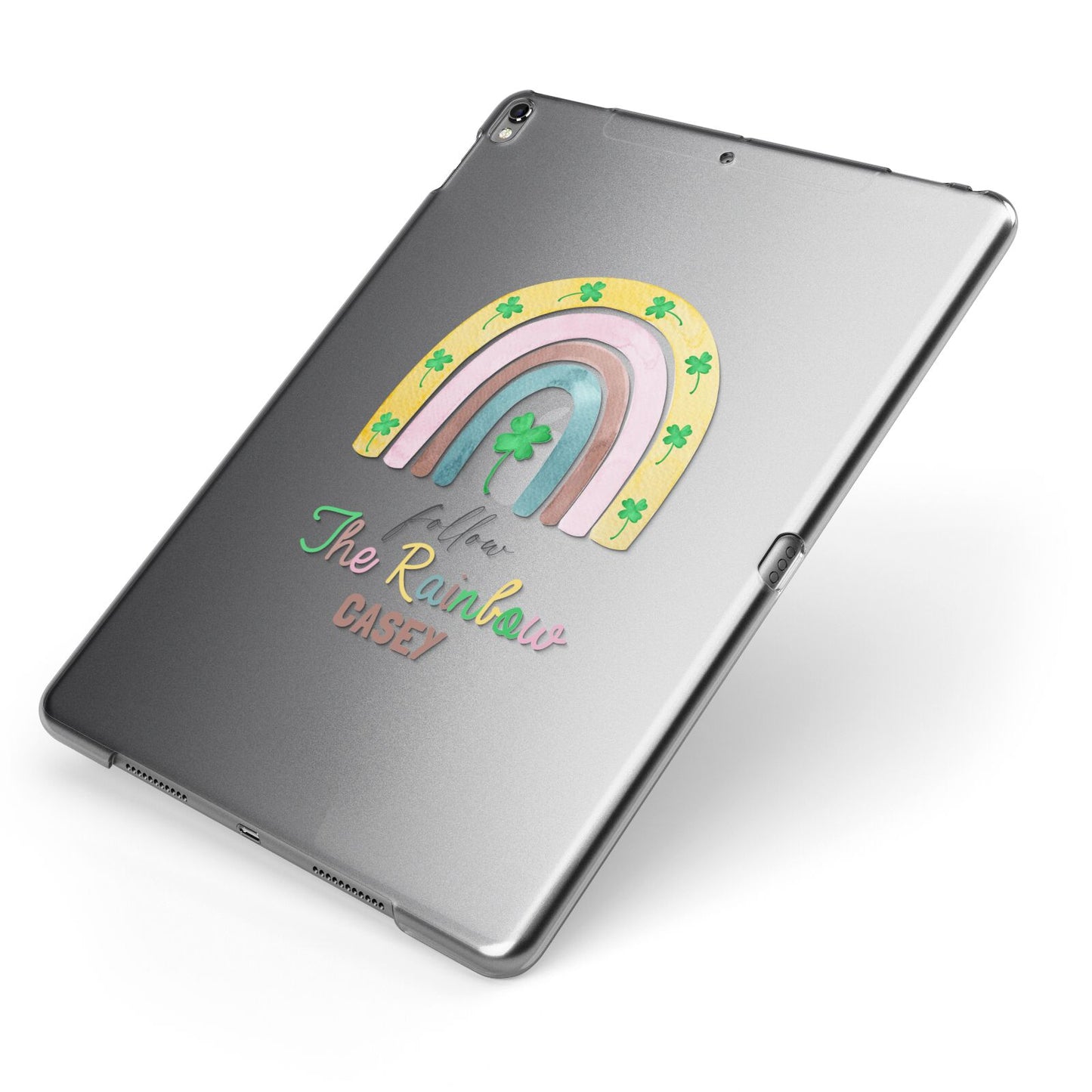 Personalised Rainbow Shamrock Apple iPad Case on Grey iPad Side View