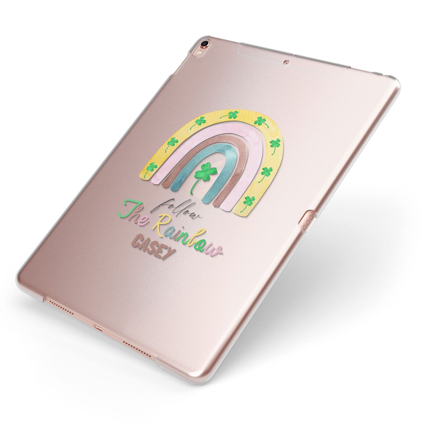 Personalised Rainbow Shamrock Apple iPad Case on Rose Gold iPad Side View