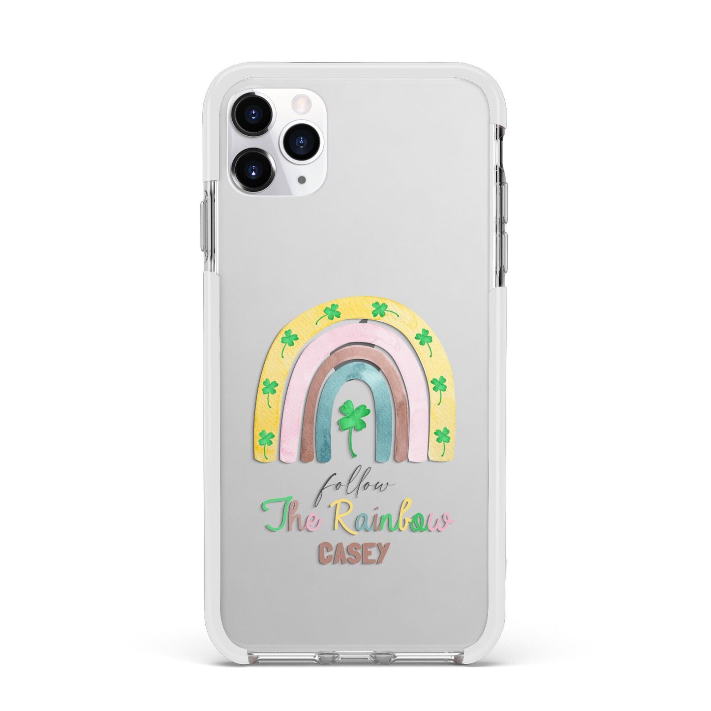 Personalised Rainbow Shamrock Apple iPhone 11 Pro Max in Silver with White Impact Case