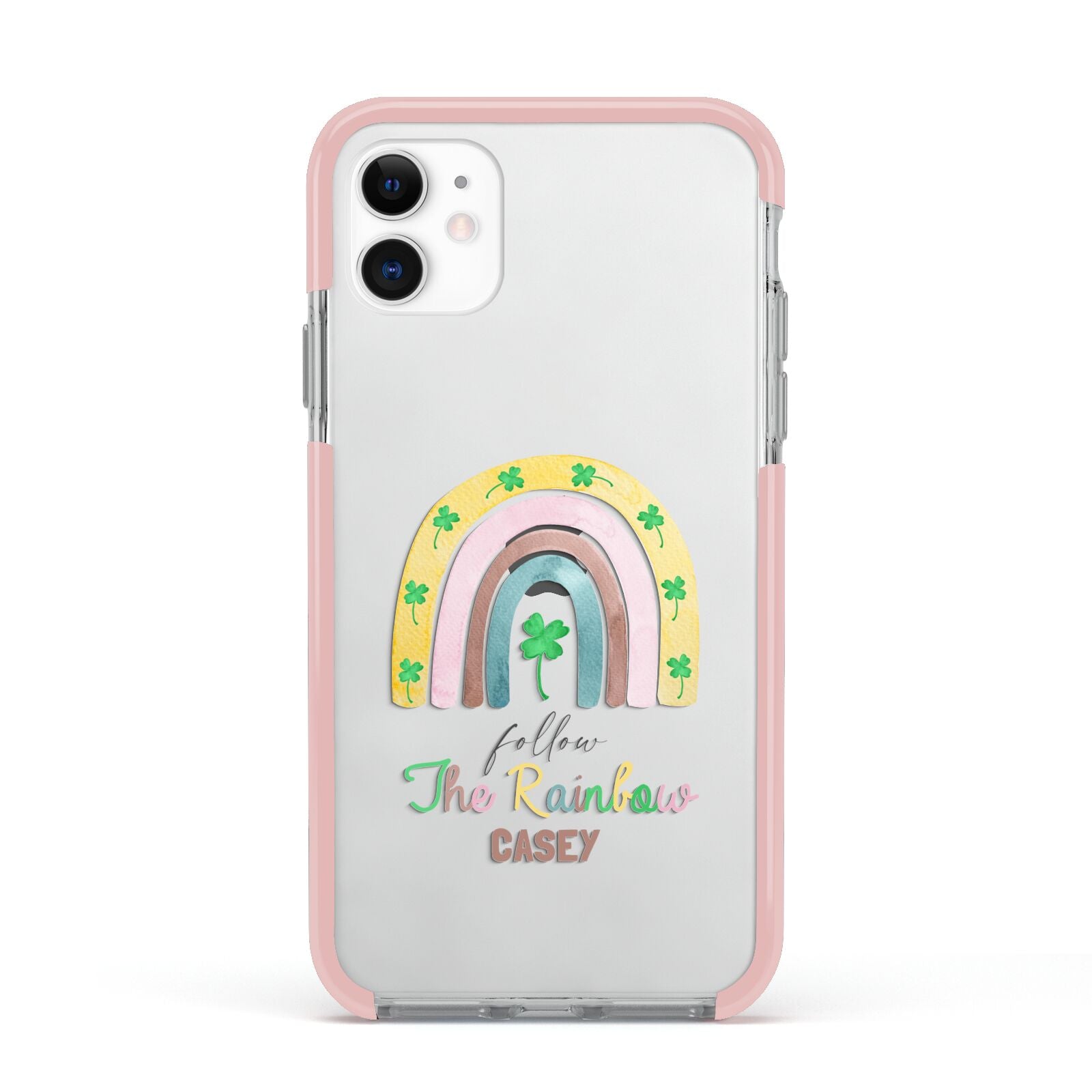 Personalised Rainbow Shamrock Apple iPhone 11 in White with Pink Impact Case