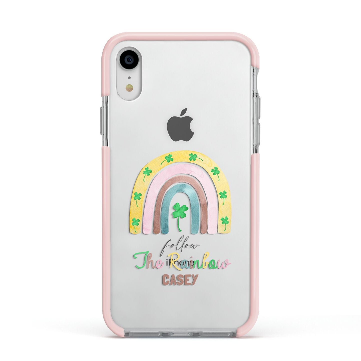 Personalised Rainbow Shamrock Apple iPhone XR Impact Case Pink Edge on Silver Phone