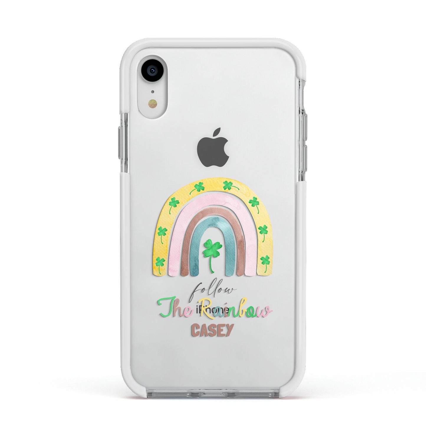Personalised Rainbow Shamrock Apple iPhone XR Impact Case White Edge on Silver Phone
