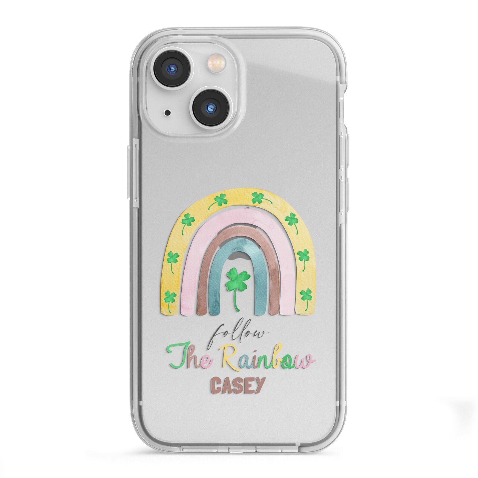 Personalised Rainbow Shamrock iPhone 13 Mini TPU Impact Case with White Edges