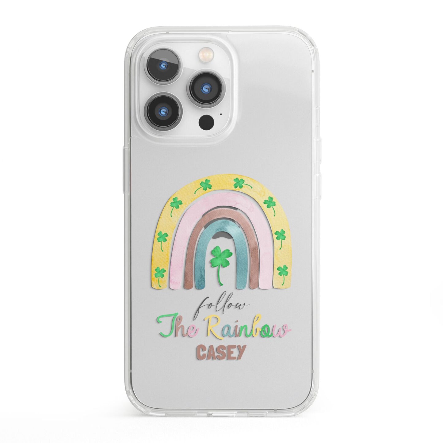 Personalised Rainbow Shamrock iPhone 13 Pro Clear Bumper Case
