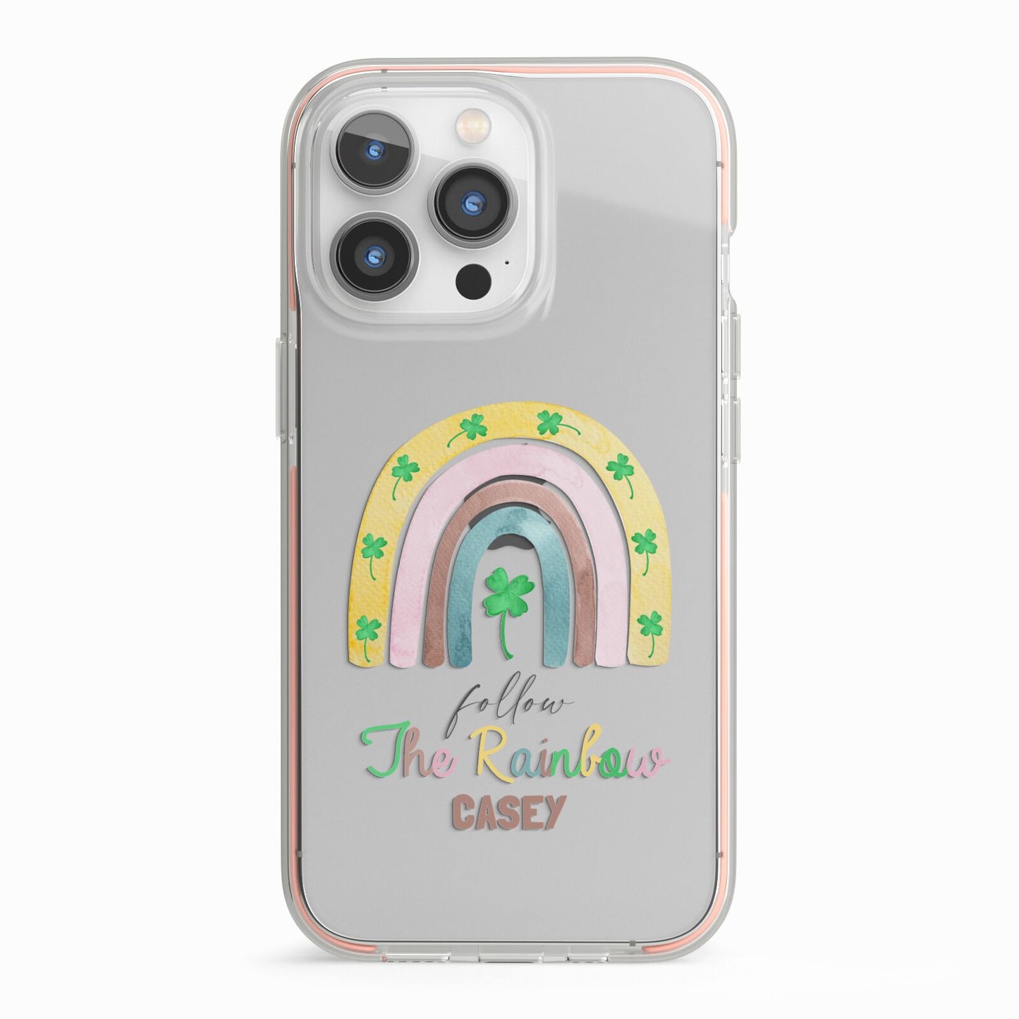 Personalised Rainbow Shamrock iPhone 13 Pro TPU Impact Case with Pink Edges