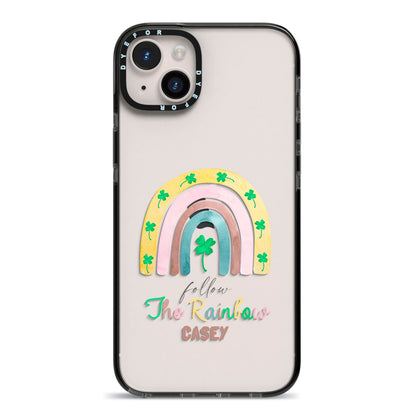 Personalised Rainbow Shamrock iPhone 14 Plus Black Impact Case on Silver phone
