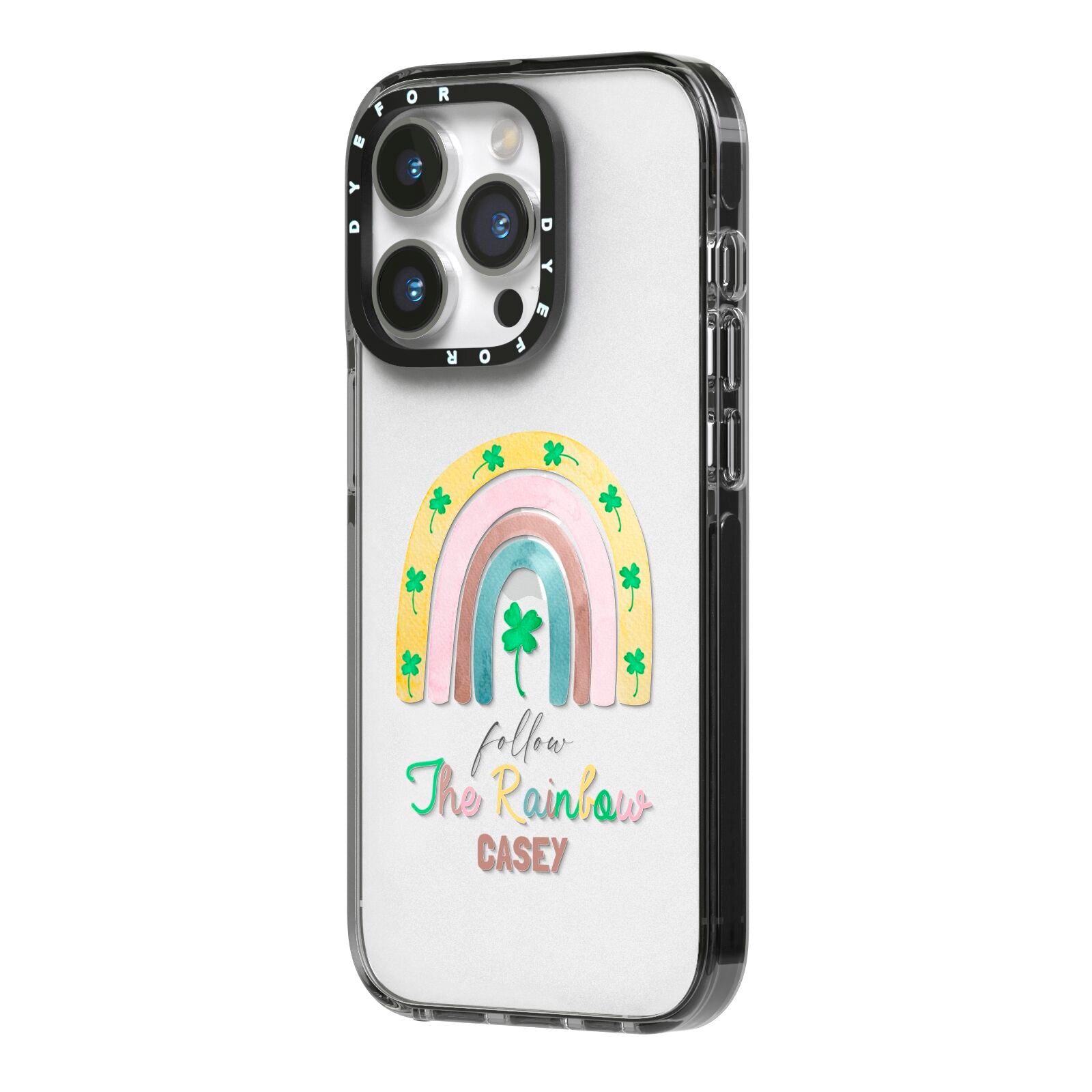 Personalised Rainbow Shamrock iPhone 14 Pro Black Impact Case Side Angle on Silver phone