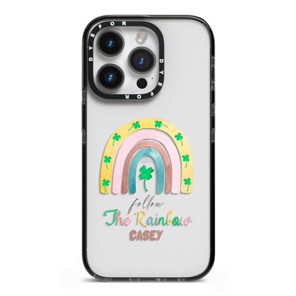 Personalised Rainbow Shamrock iPhone 14 Pro Black Impact Case on Silver phone