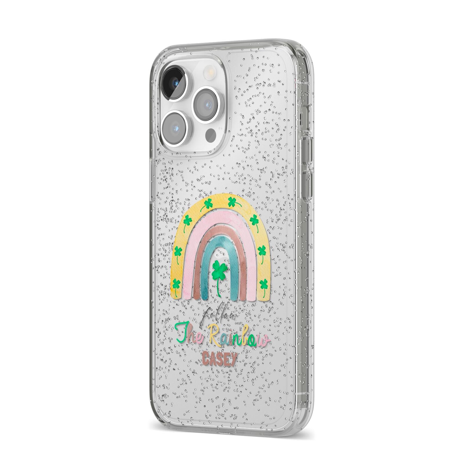 Personalised Rainbow Shamrock iPhone 14 Pro Max Glitter Tough Case Silver Angled Image