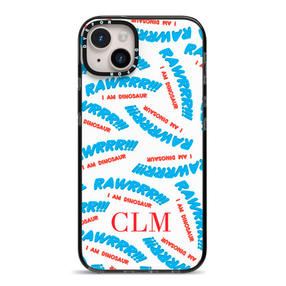 Personalised Rawr Dino Initials iPhone 14 Plus Black Impact Case on Silver phone