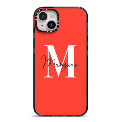 Personalised Red Name and Initial iPhone 14 Plus Black Impact Case on Silver phone
