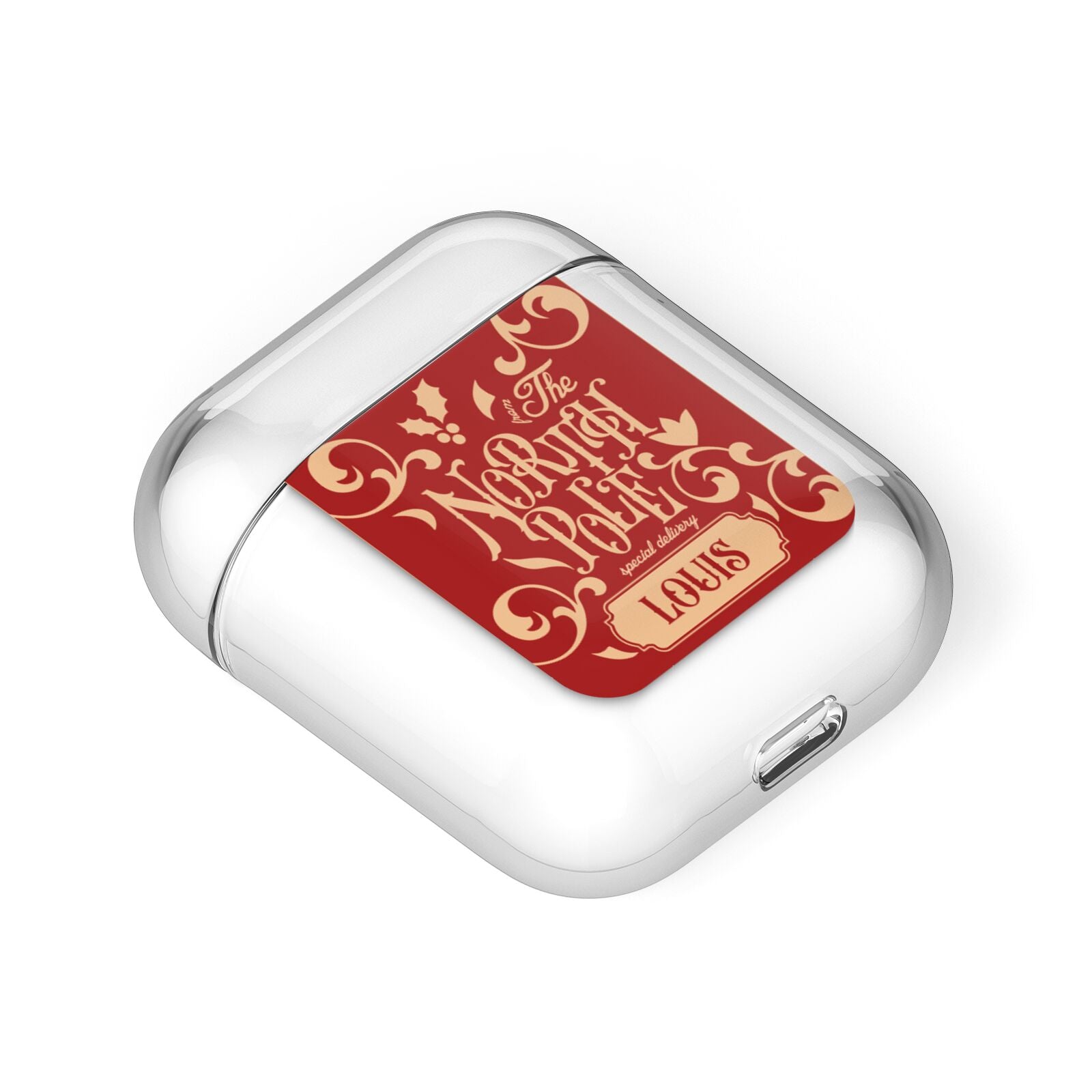 Personalised Red North Pole AirPods Case Laid Flat
