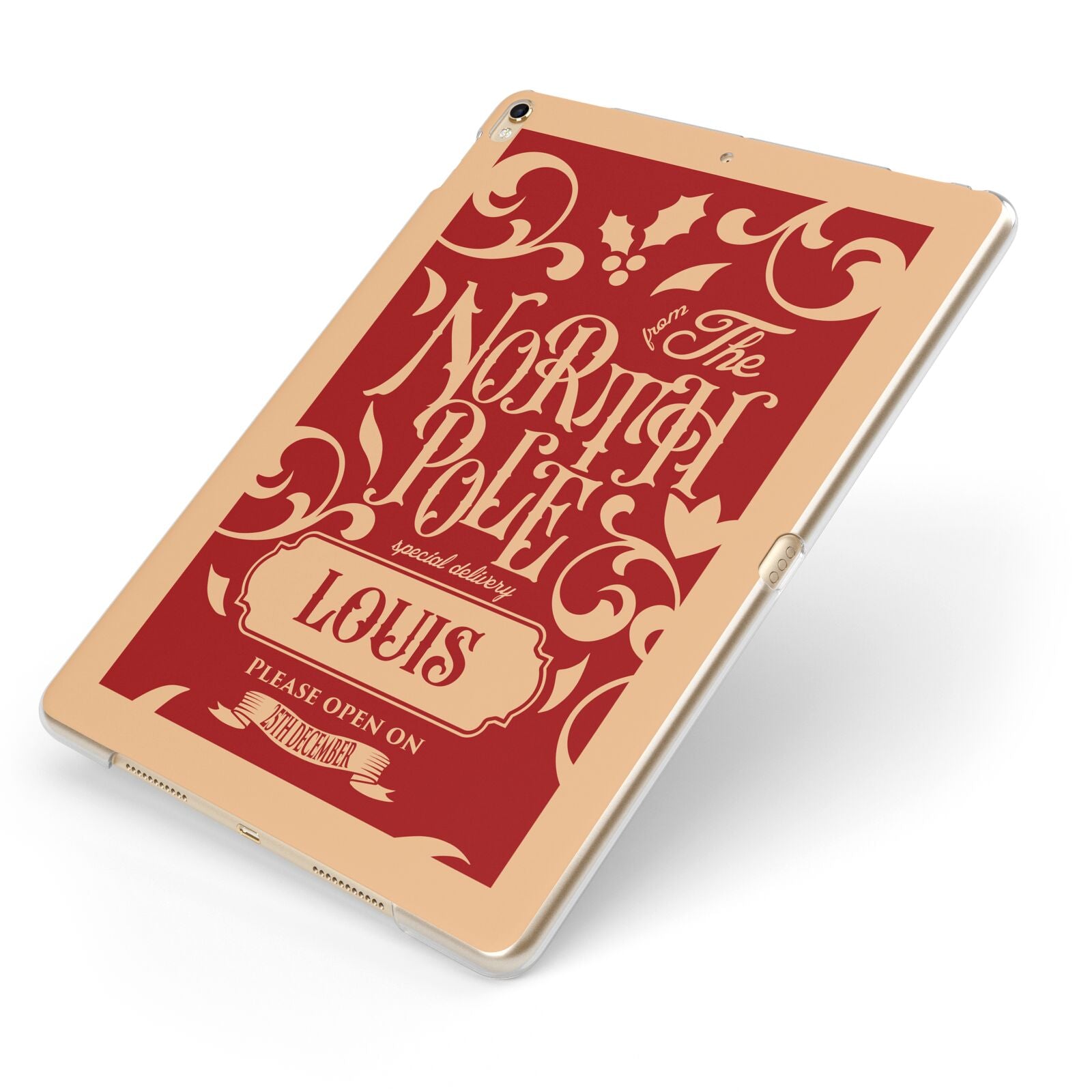 Personalised Red North Pole Apple iPad Case on Gold iPad Side View