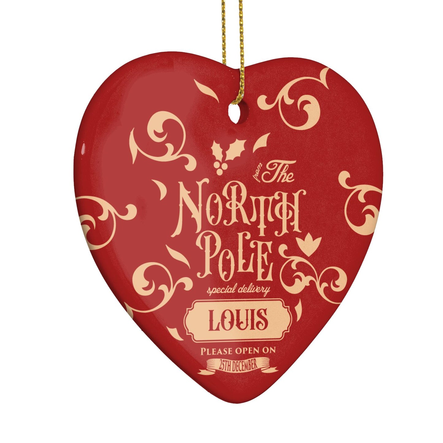 Personalised Red North Pole Heart Decoration Side Angle
