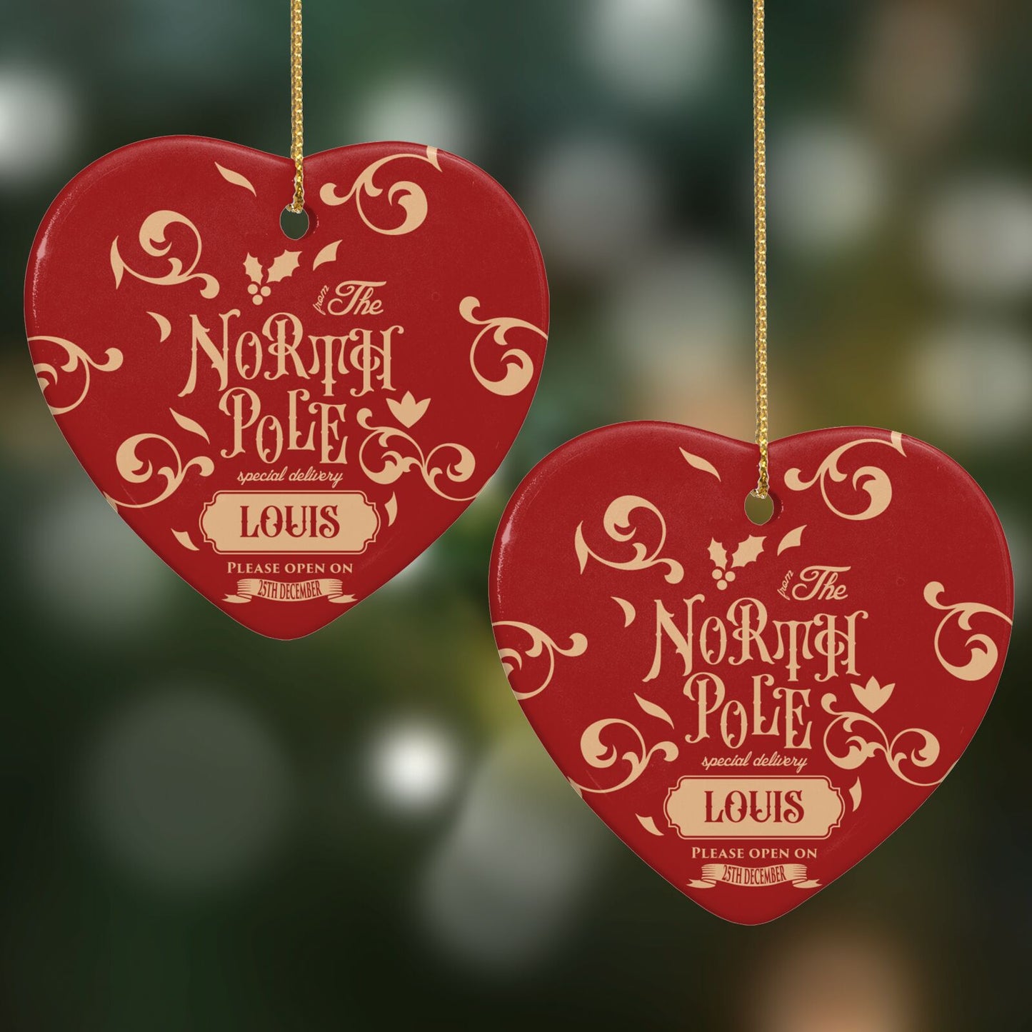 Personalised Red North Pole Heart Decoration on Christmas Background