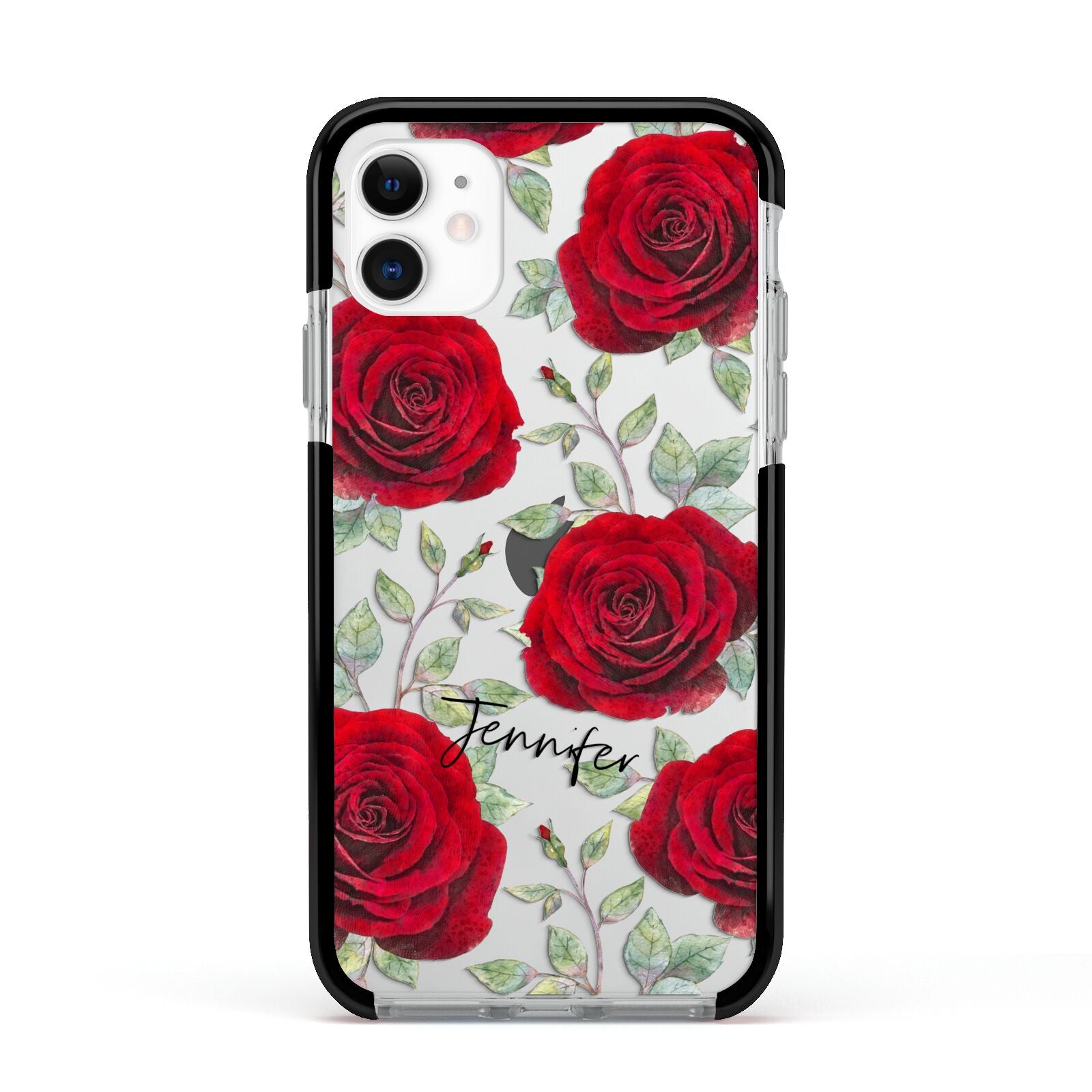 Personalised Red Roses Apple iPhone 11 in White with Black Impact Case