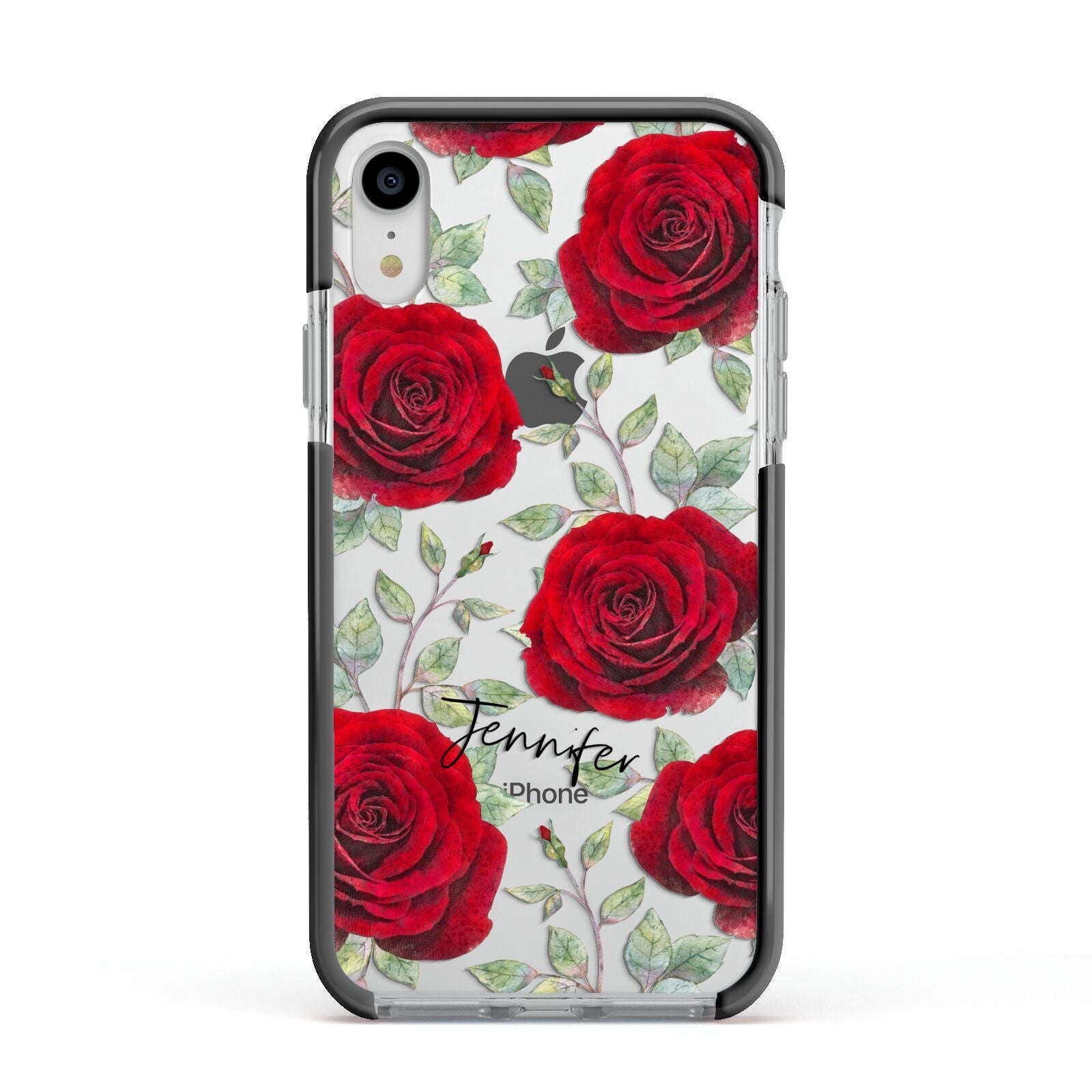 Personalised Red Roses Apple iPhone XR Impact Case Black Edge on Silver Phone