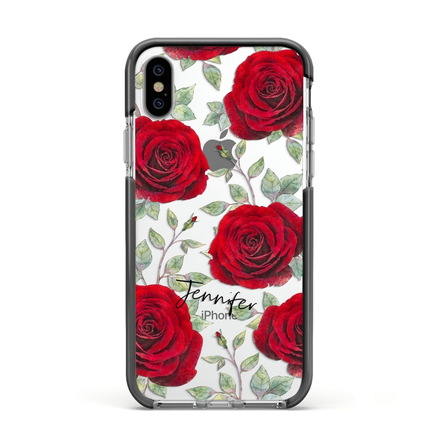 Personalised Red Roses Apple iPhone Xs Impact Case Black Edge on Silver Phone