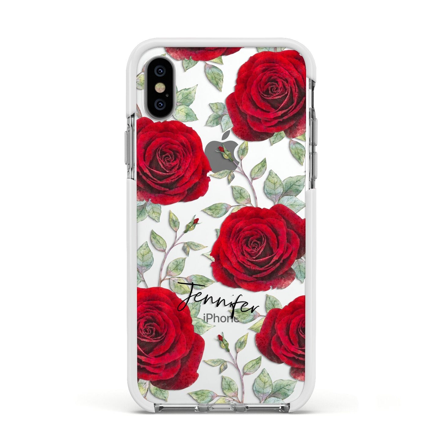 Personalised Red Roses Apple iPhone Xs Impact Case White Edge on Silver Phone