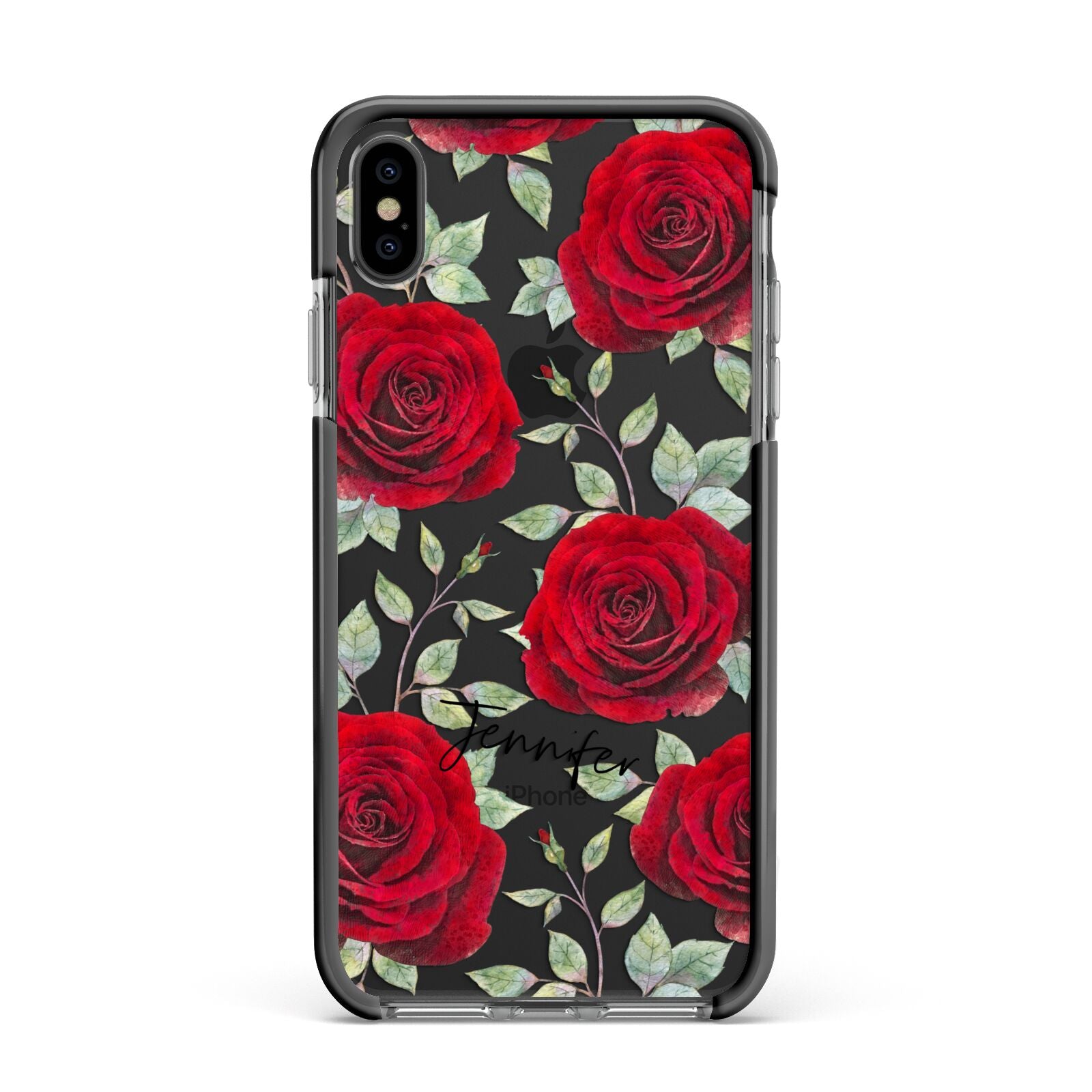 Personalised Red Roses Apple iPhone Xs Max Impact Case Black Edge on Black Phone