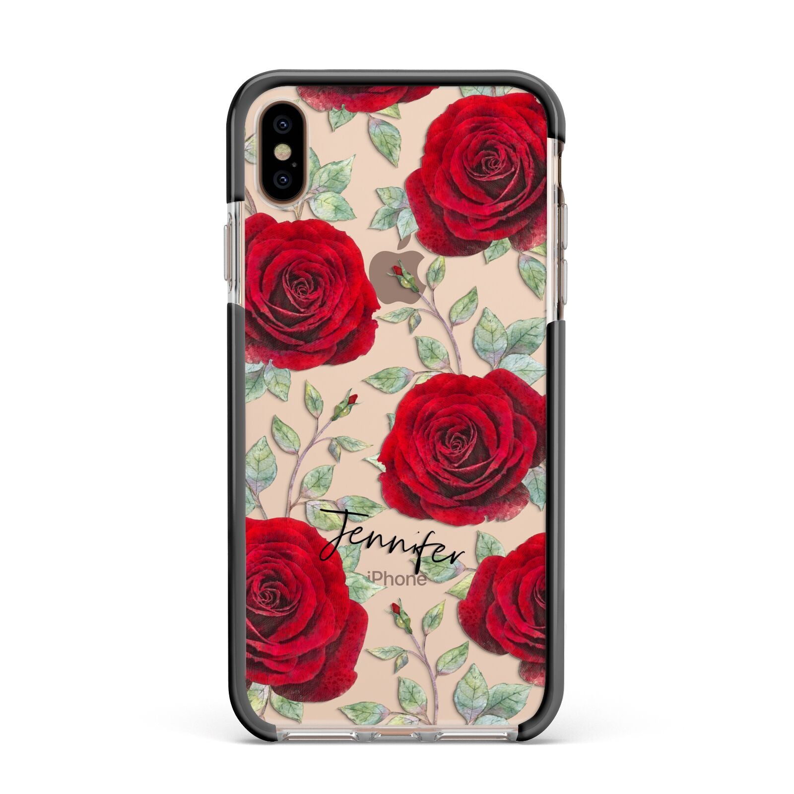 Personalised Red Roses Apple iPhone Xs Max Impact Case Black Edge on Gold Phone