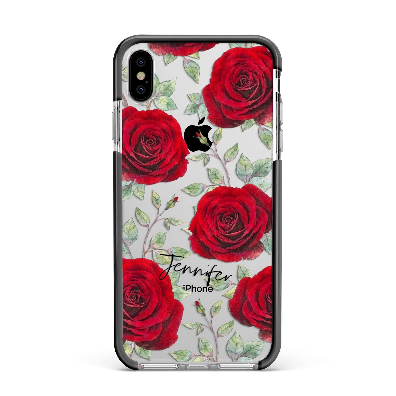 Personalised Red Roses Apple iPhone Xs Max Impact Case Black Edge on Silver Phone