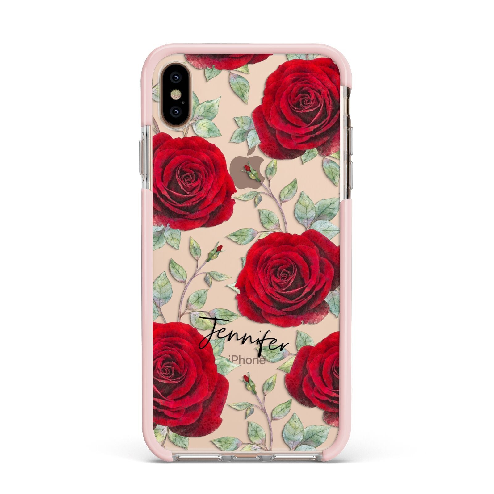 Personalised Red Roses Apple iPhone Xs Max Impact Case Pink Edge on Gold Phone