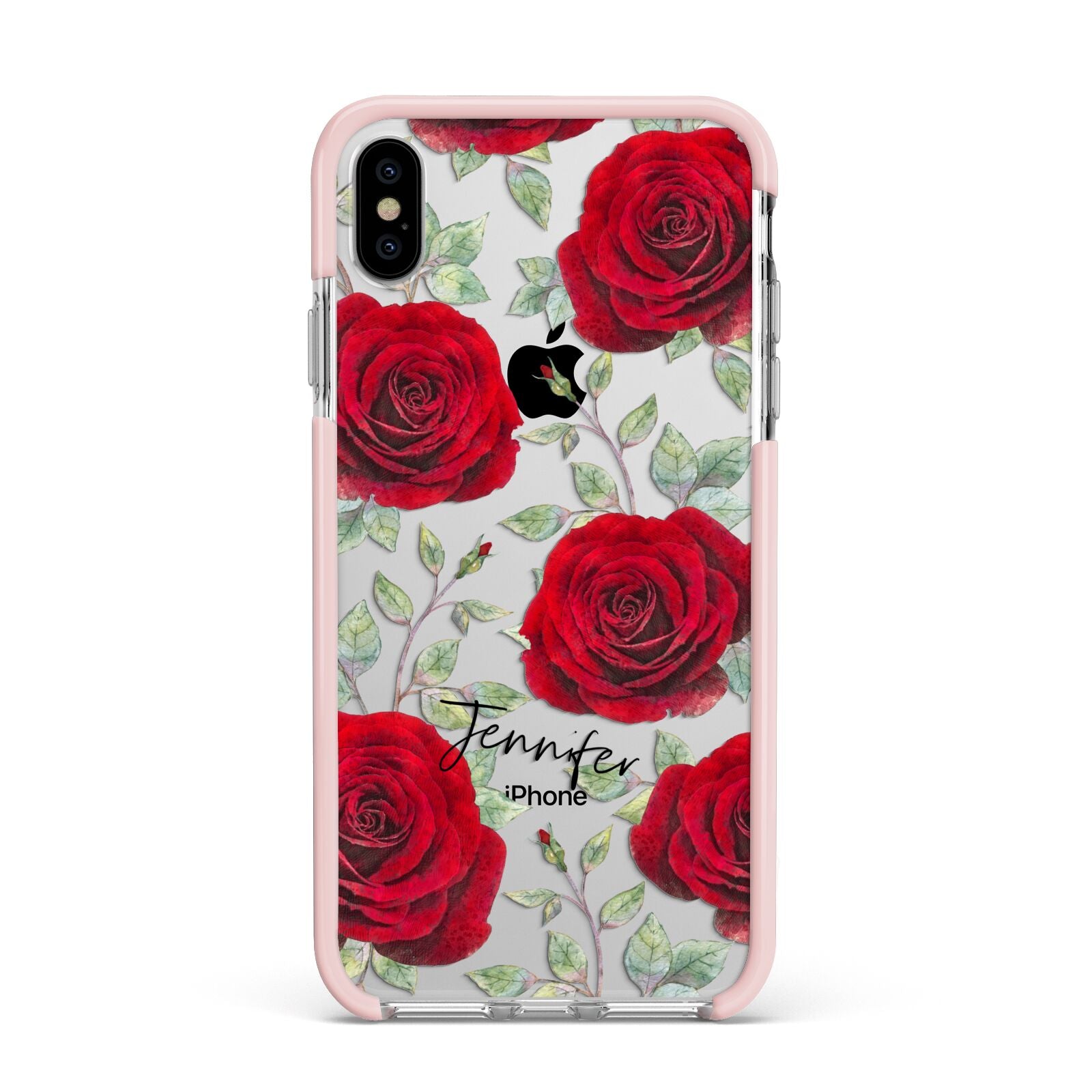 Personalised Red Roses Apple iPhone Xs Max Impact Case Pink Edge on Silver Phone
