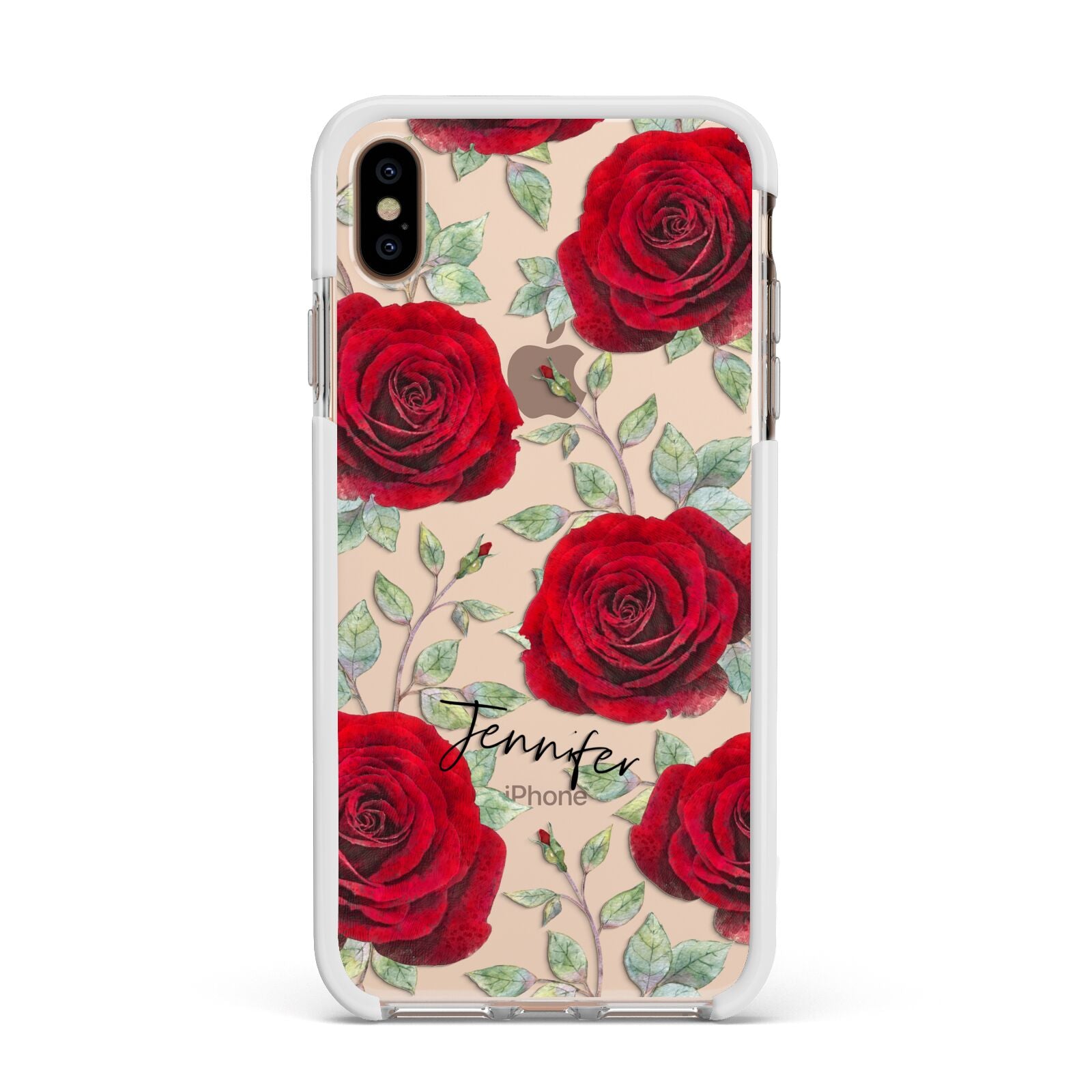 Personalised Red Roses Apple iPhone Xs Max Impact Case White Edge on Gold Phone